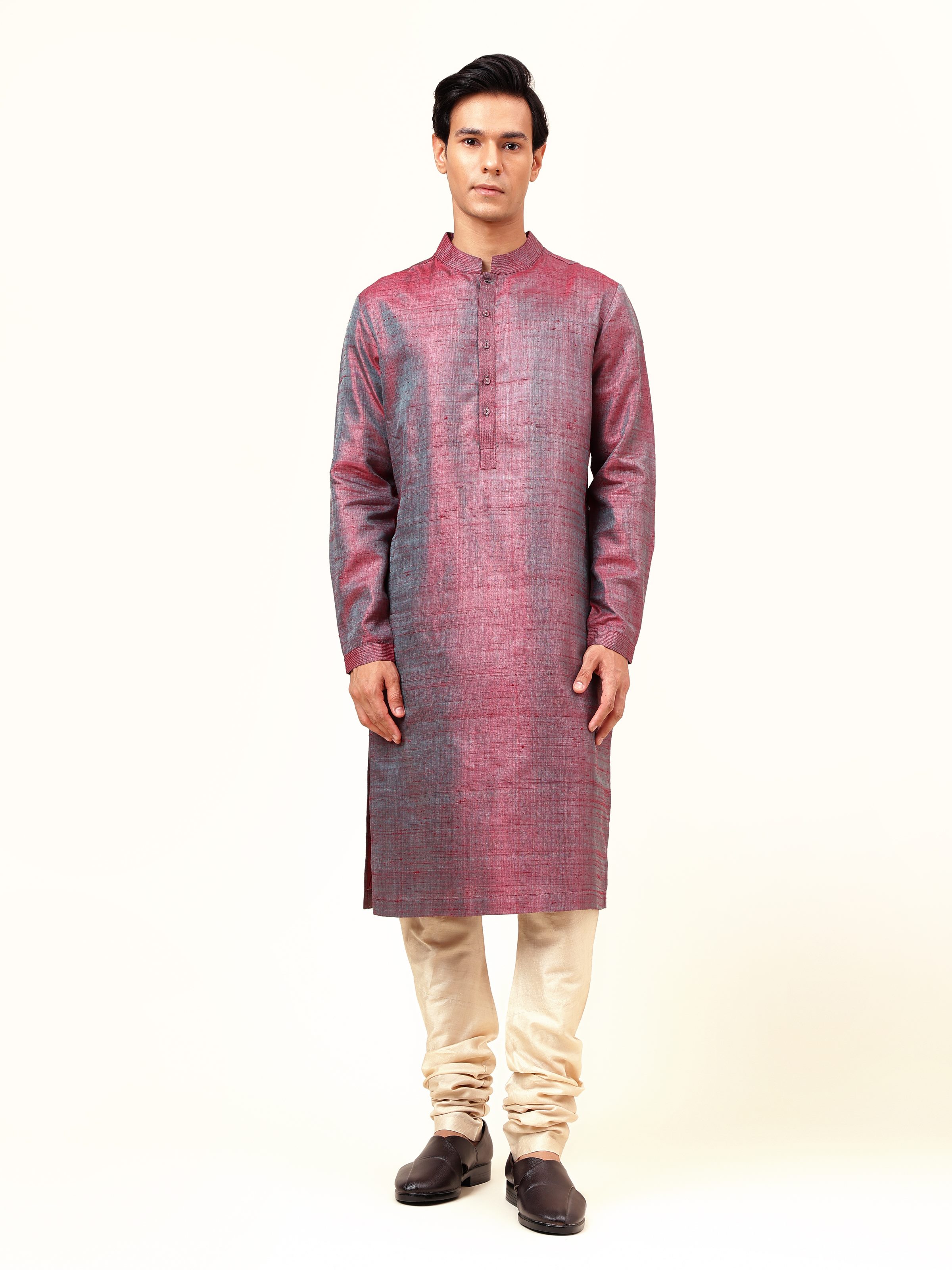 Front view featuring the luxurious violet silk long kurta, exuding understated elegance.