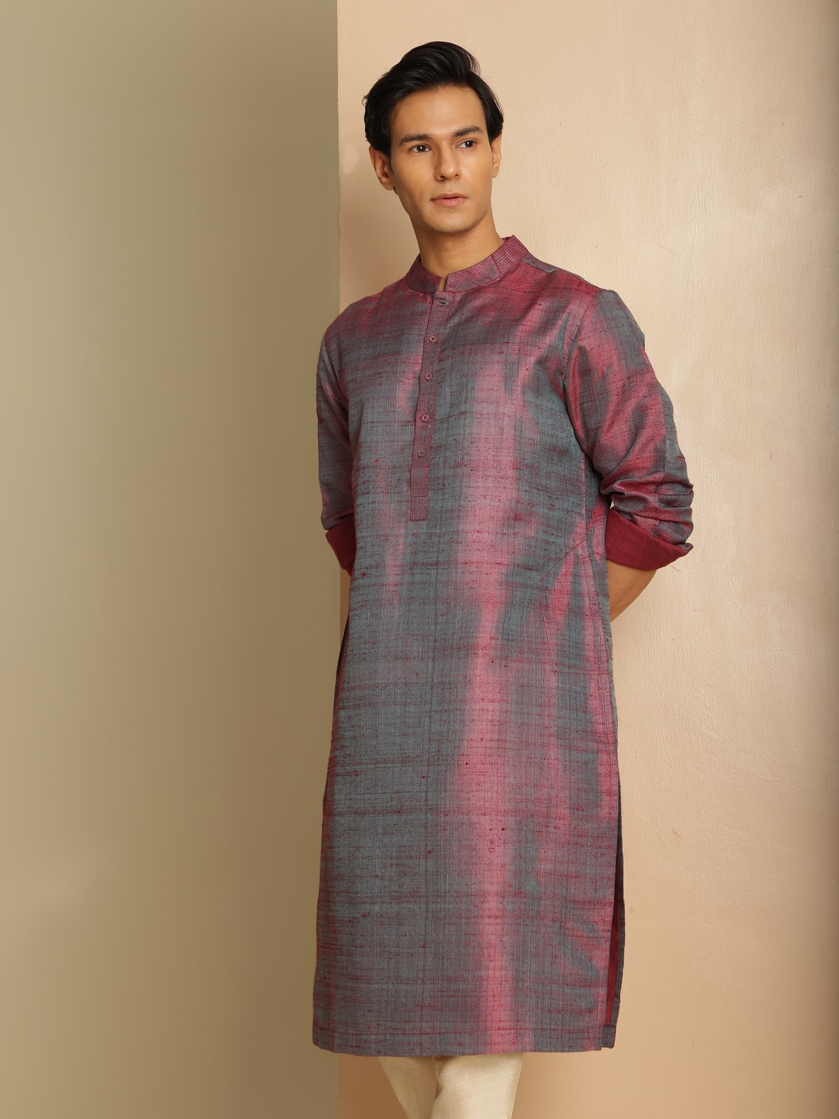 Alternate lifestyle shot capturing the smooth, lustrous texture of the silk fabric.