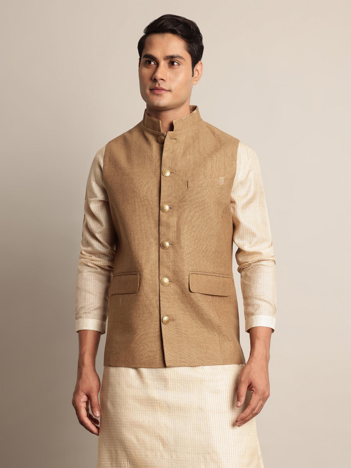 Brown Tussar Silk Sleeveless Jacket
