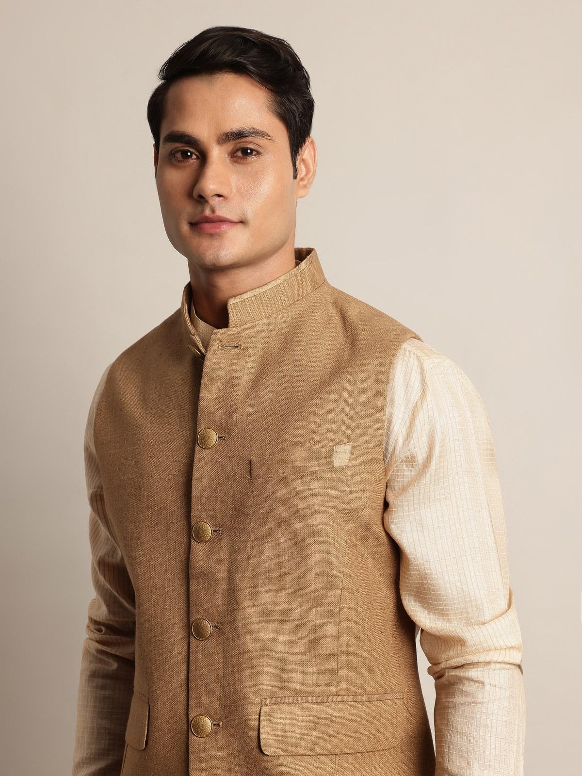 Brown Tussar Silk Sleeveless Jacket