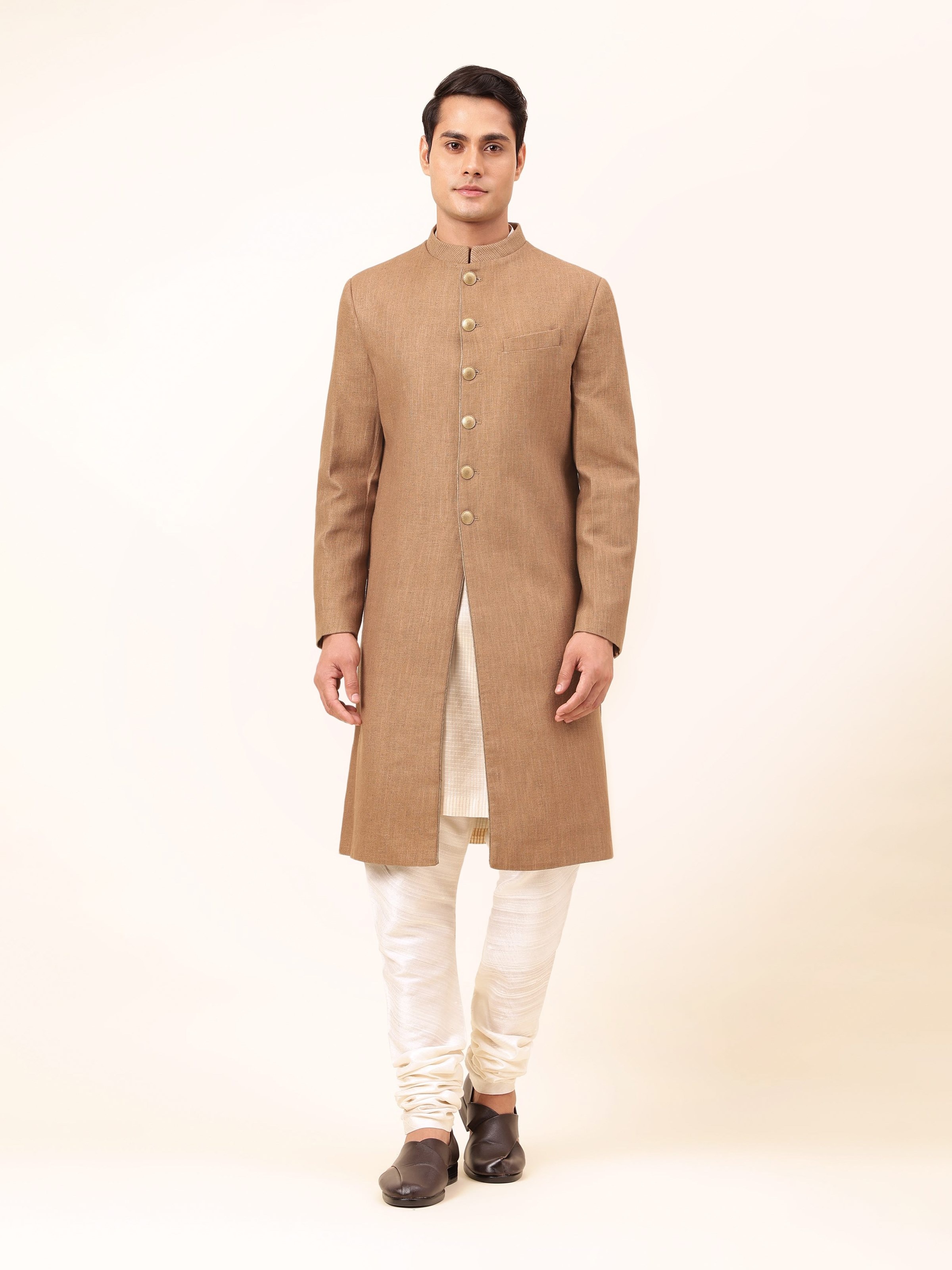 Front view of Brown Mulberry Silk Embroidered Sherwani featuring rich brown mulberry silk with delicate embroidery