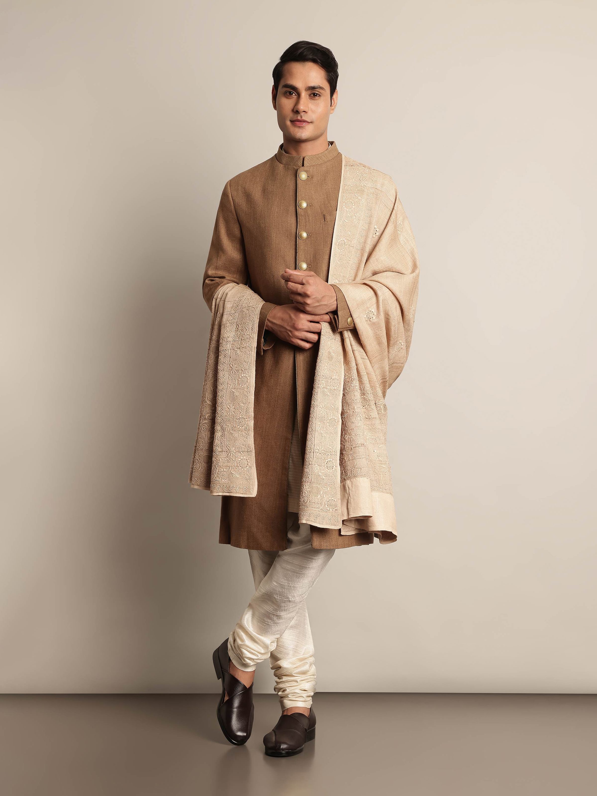 Lifestyle view of Brown Mulberry Silk Embroidered Sherwani worn elegantly highlighting fine thread embroidery and silk sheen