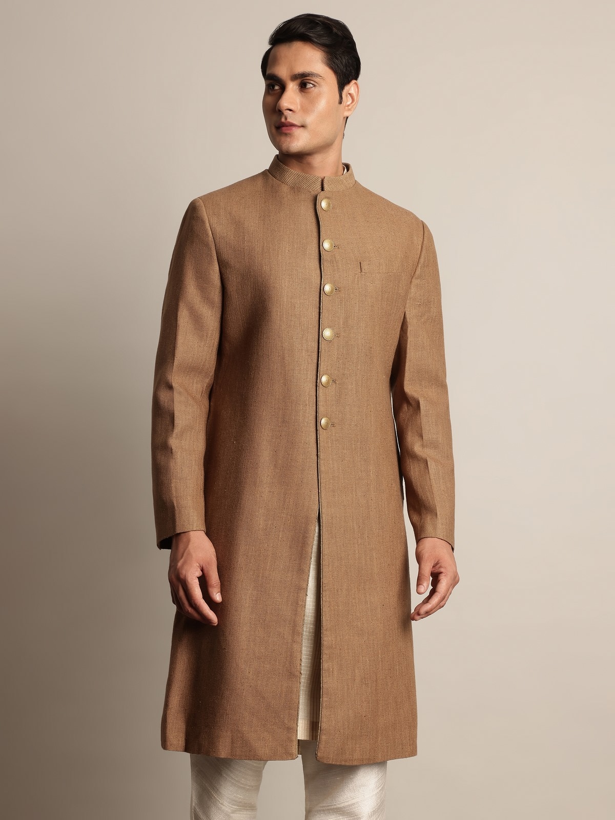 Angled view of Brown Mulberry Silk Embroidered Sherwani showing embroidered details on luxurious silk fabric