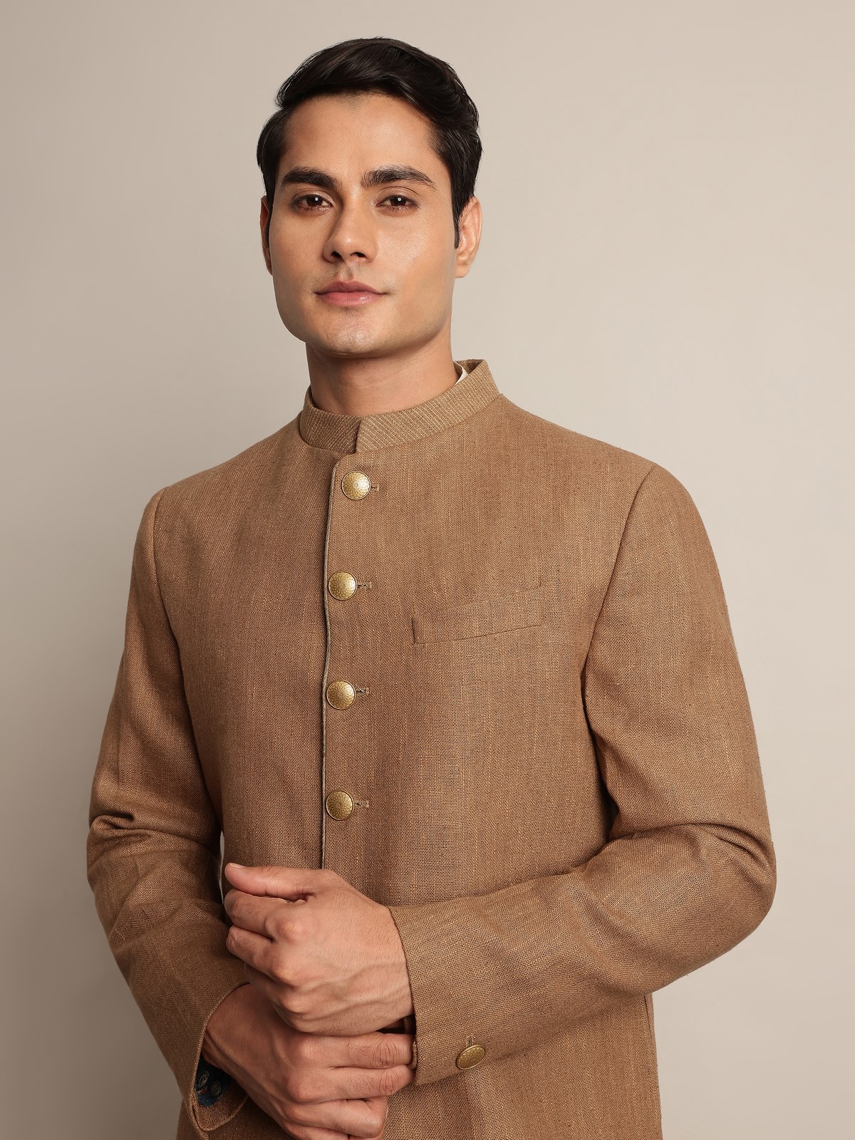 Close-up of Brown Mulberry Silk Embroidered Sherwani focusing on intricate embroidery and silk texture