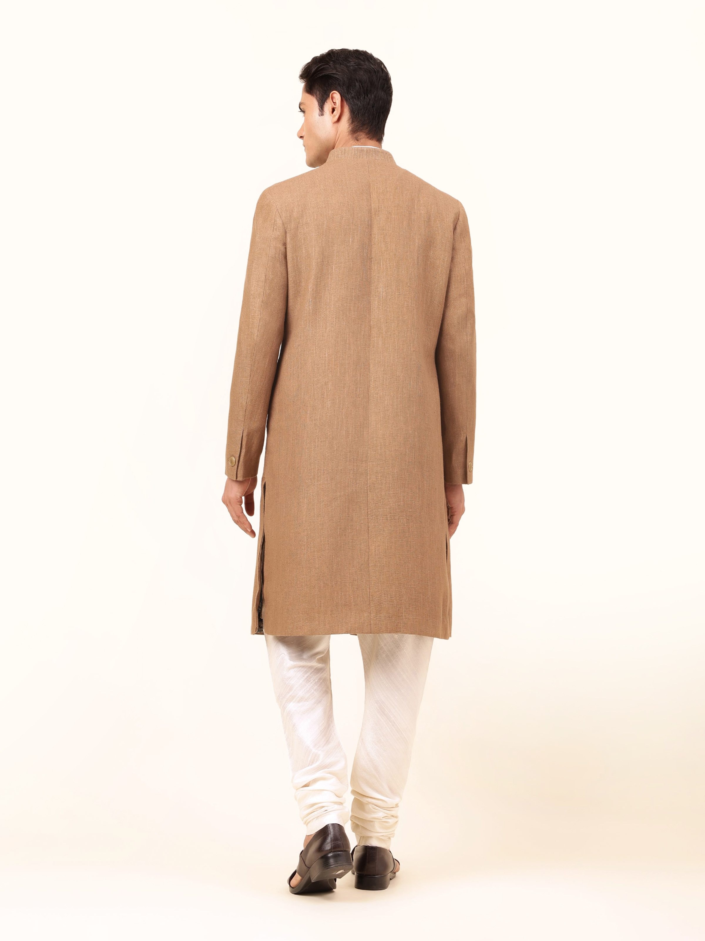 Back view of Brown Mulberry Silk Embroidered Sherwani displaying full length and detailed embroidery design