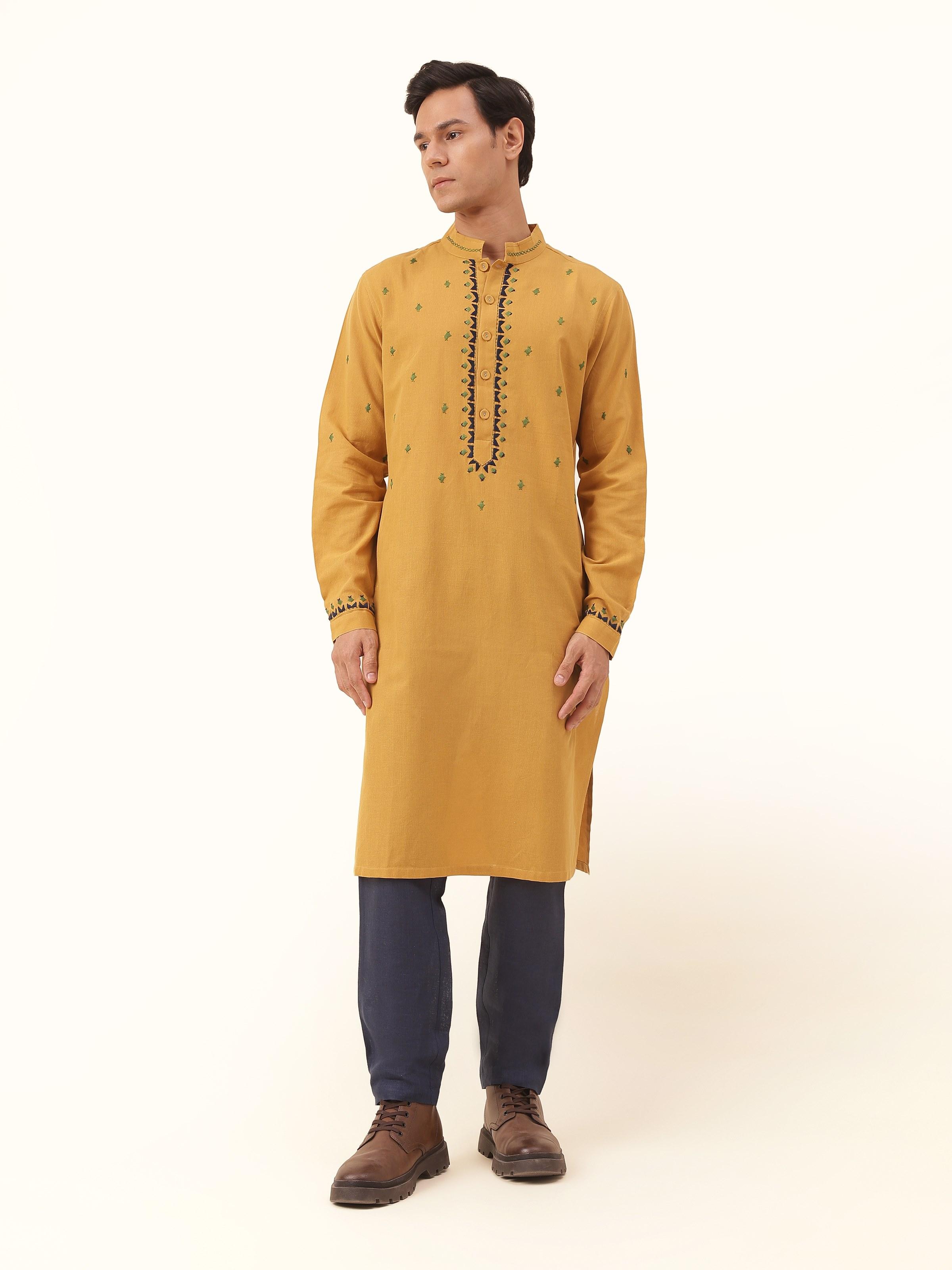Mustard Cotton Embroidered Long Kurta