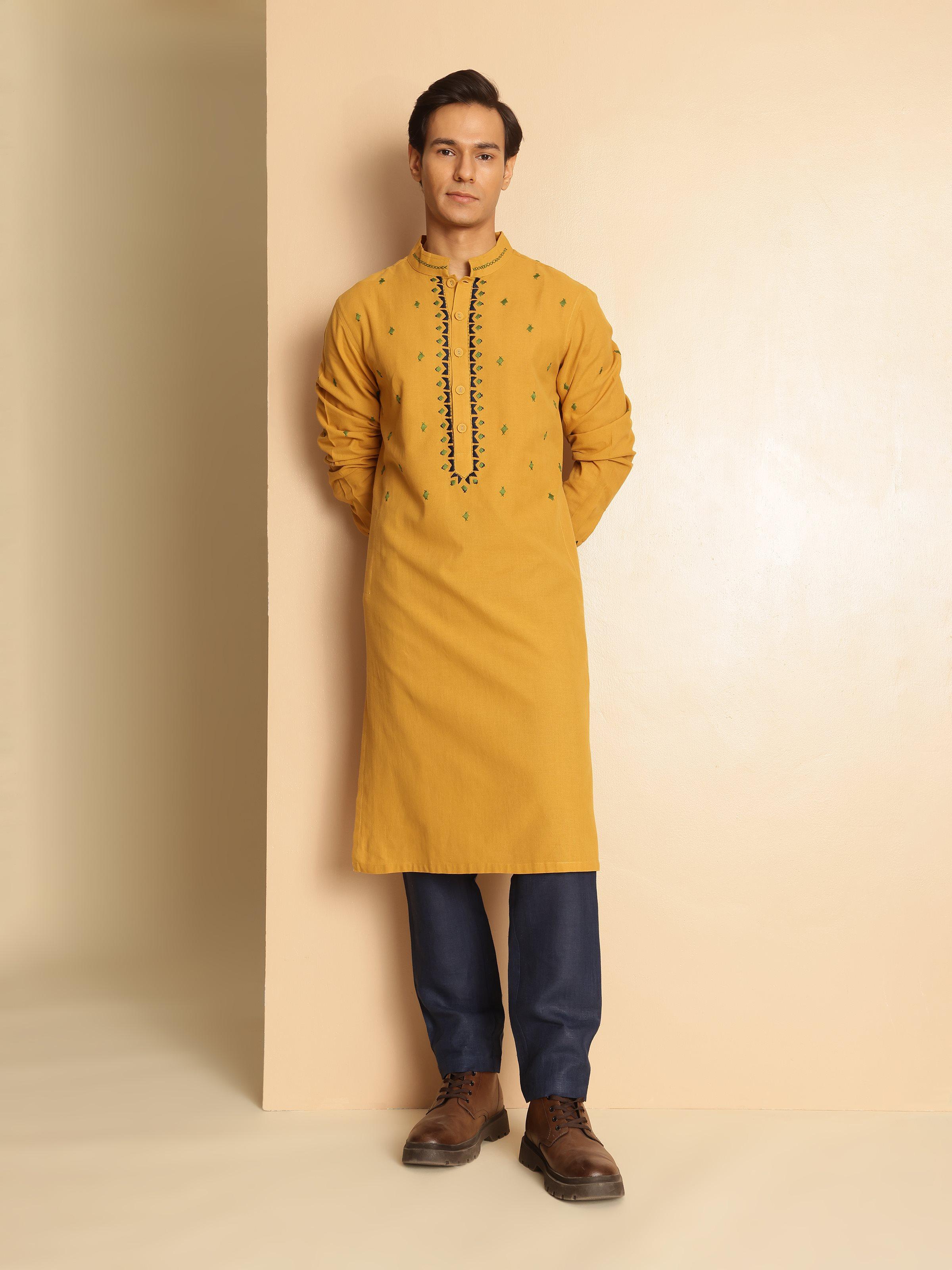 Mustard Cotton Embroidered Long Kurta
