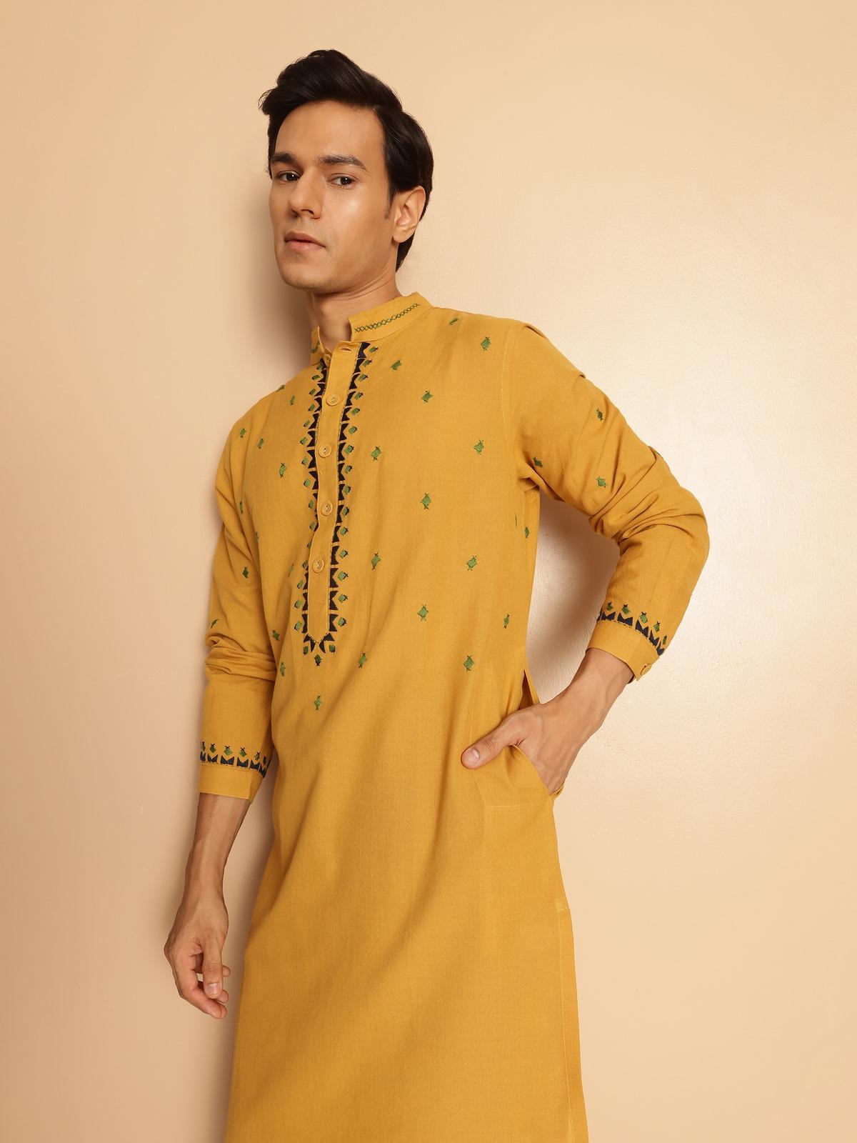 Mustard Cotton Embroidered Long Kurta