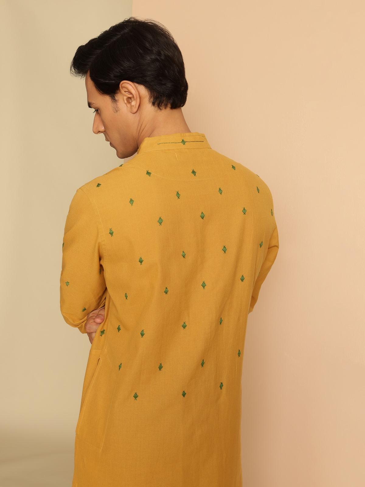 Mustard Cotton Embroidered Long Kurta