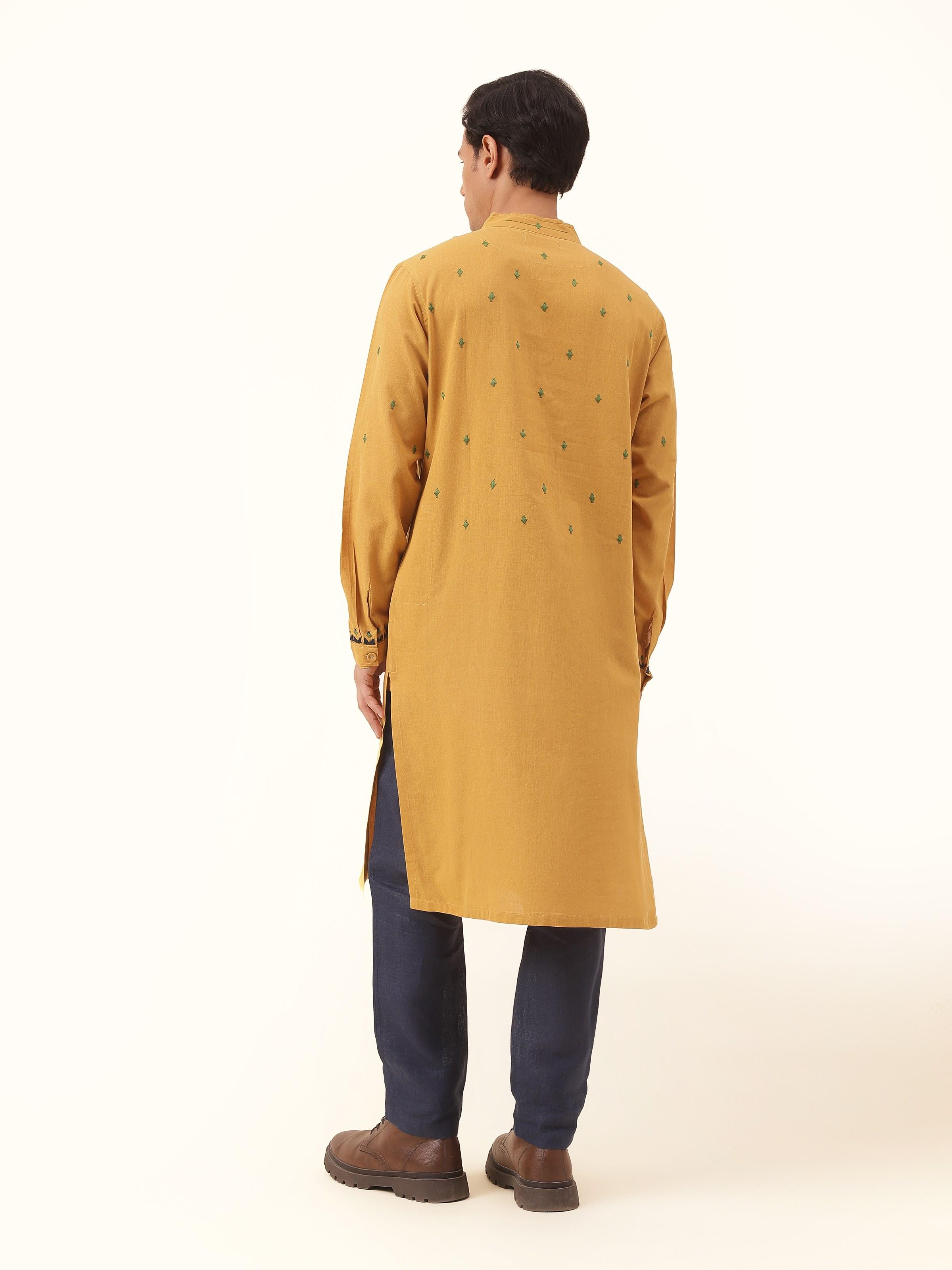 Mustard Cotton Embroidered Long Kurta