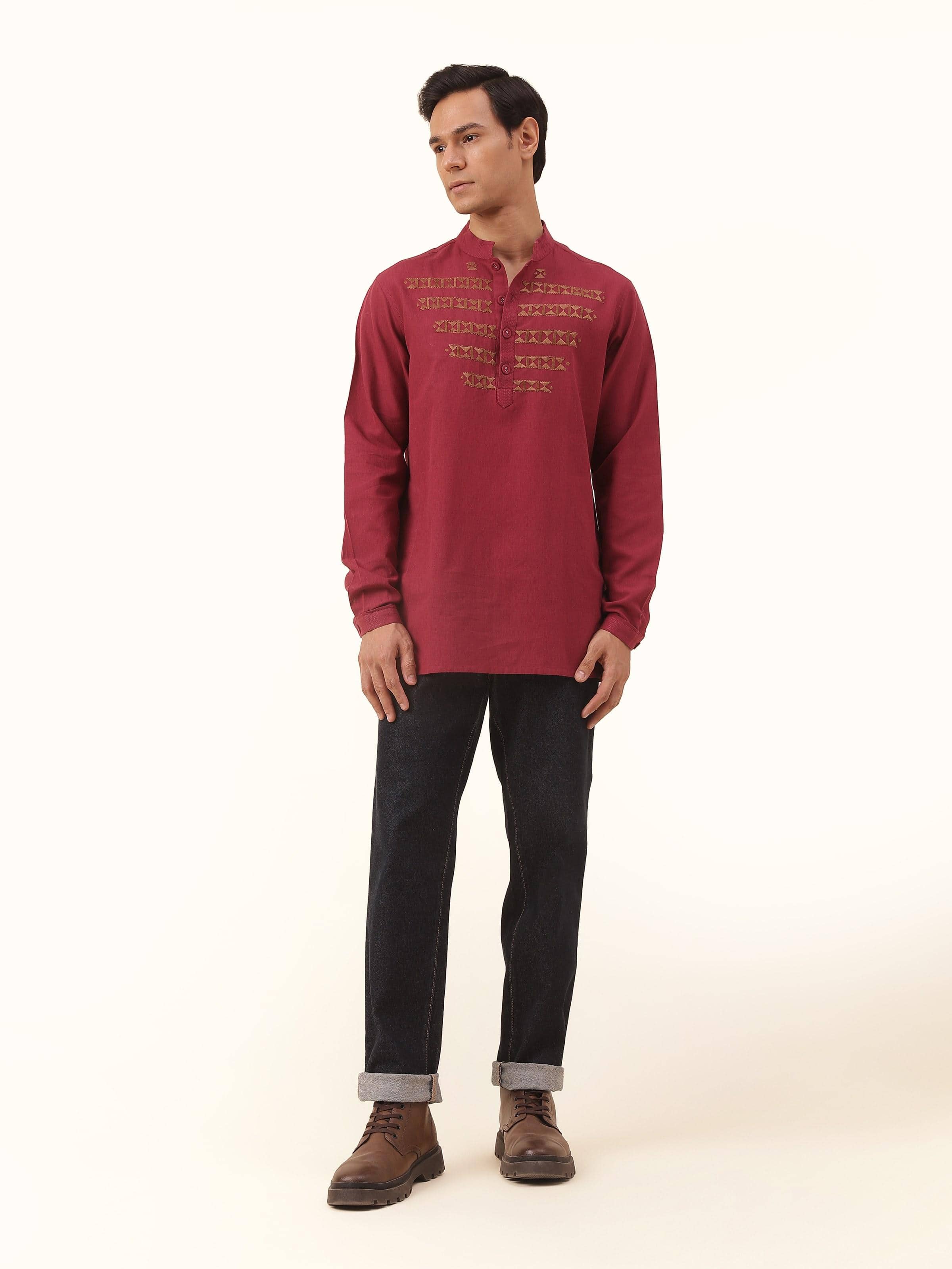 Front view of maroon cotton embroidered kurta with detailed thread work