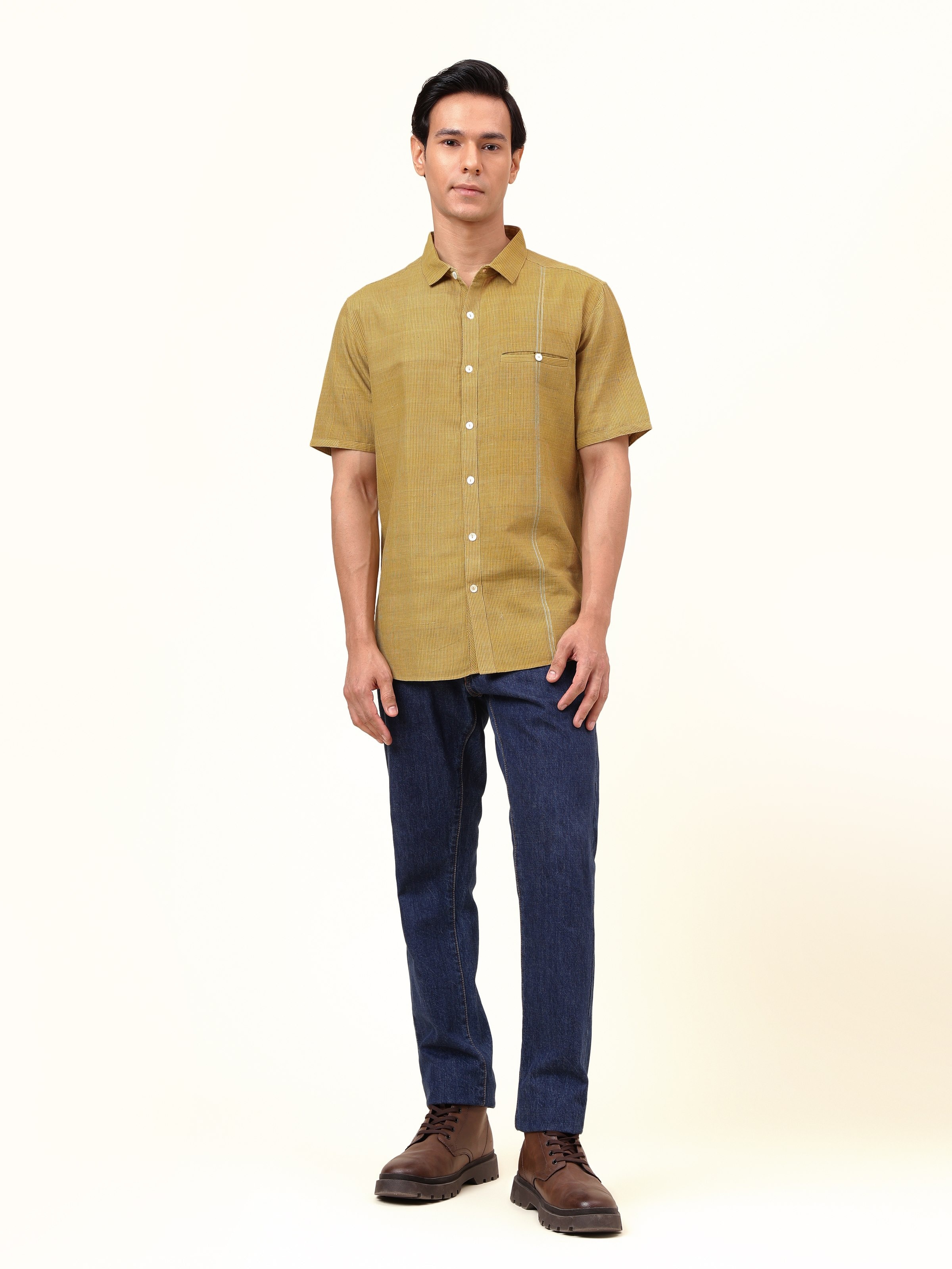 Front view of Mustard Cotton Stripes Shirt with bold vertical stripes and casual fit