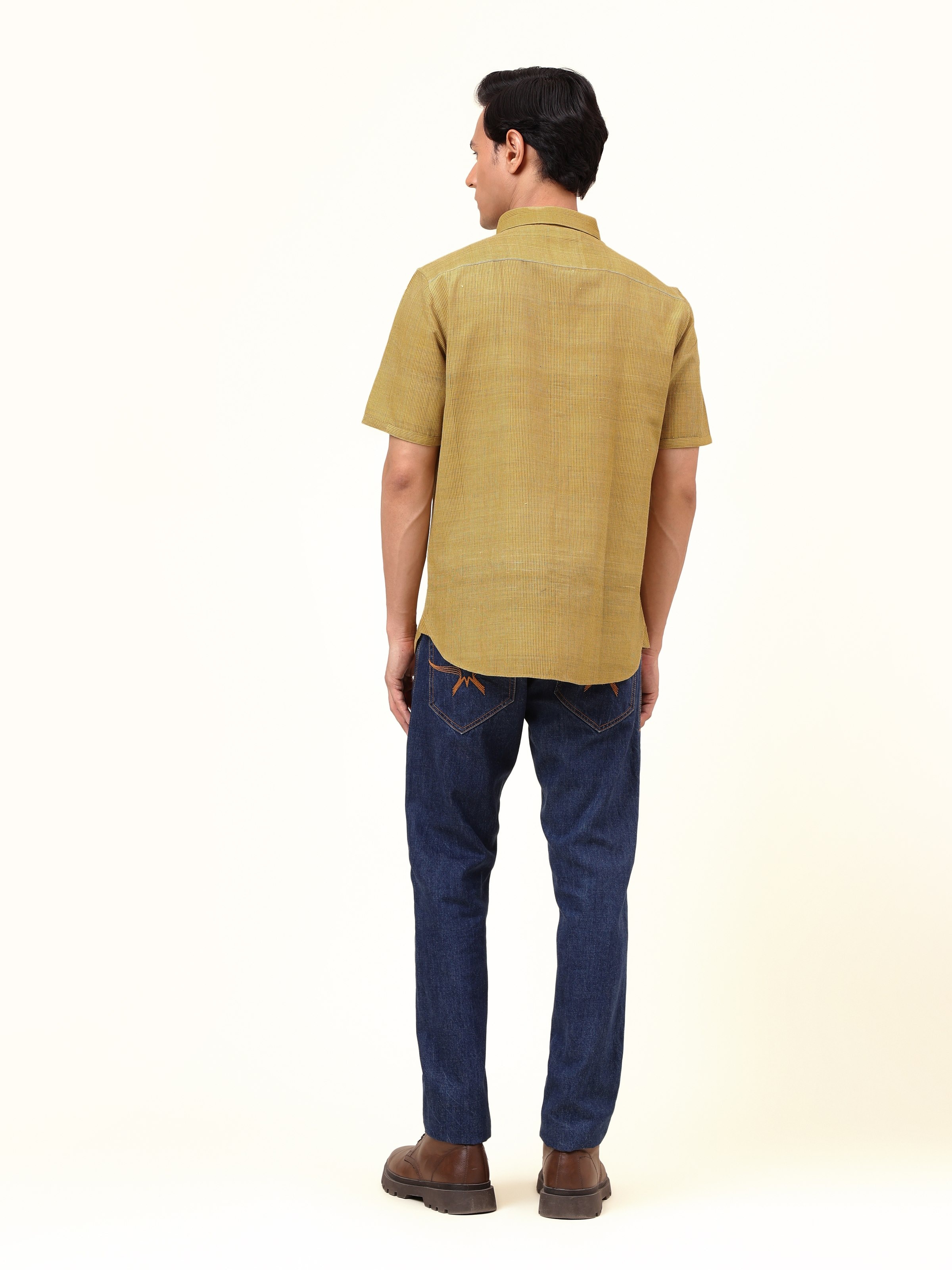 Back view showing full stripe pattern and cut of Mustard Cotton Shirt