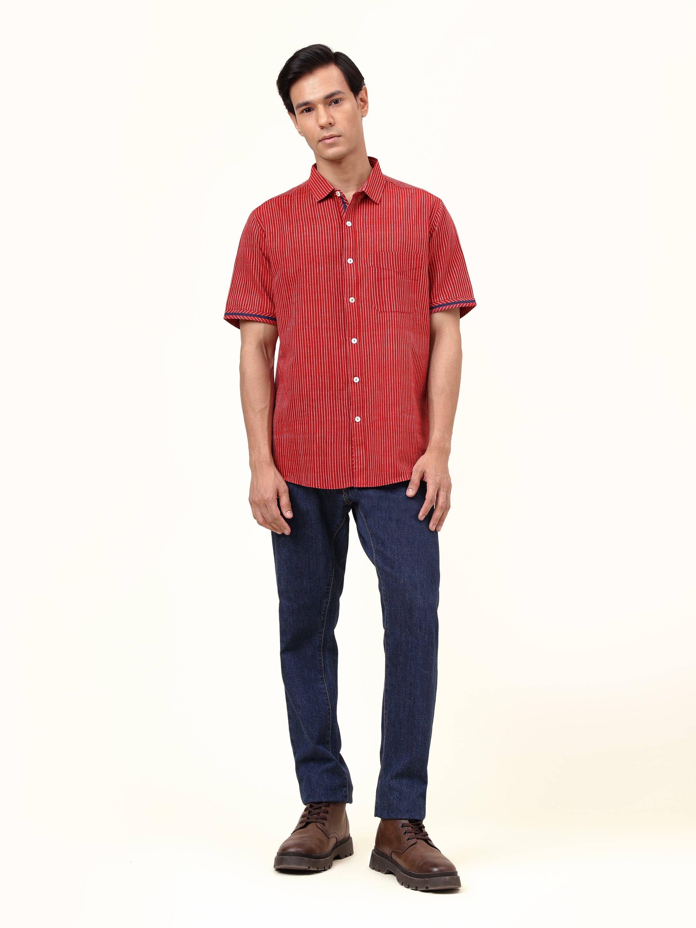 Front view of Red Cotton Shirt with classic collar and button-down design