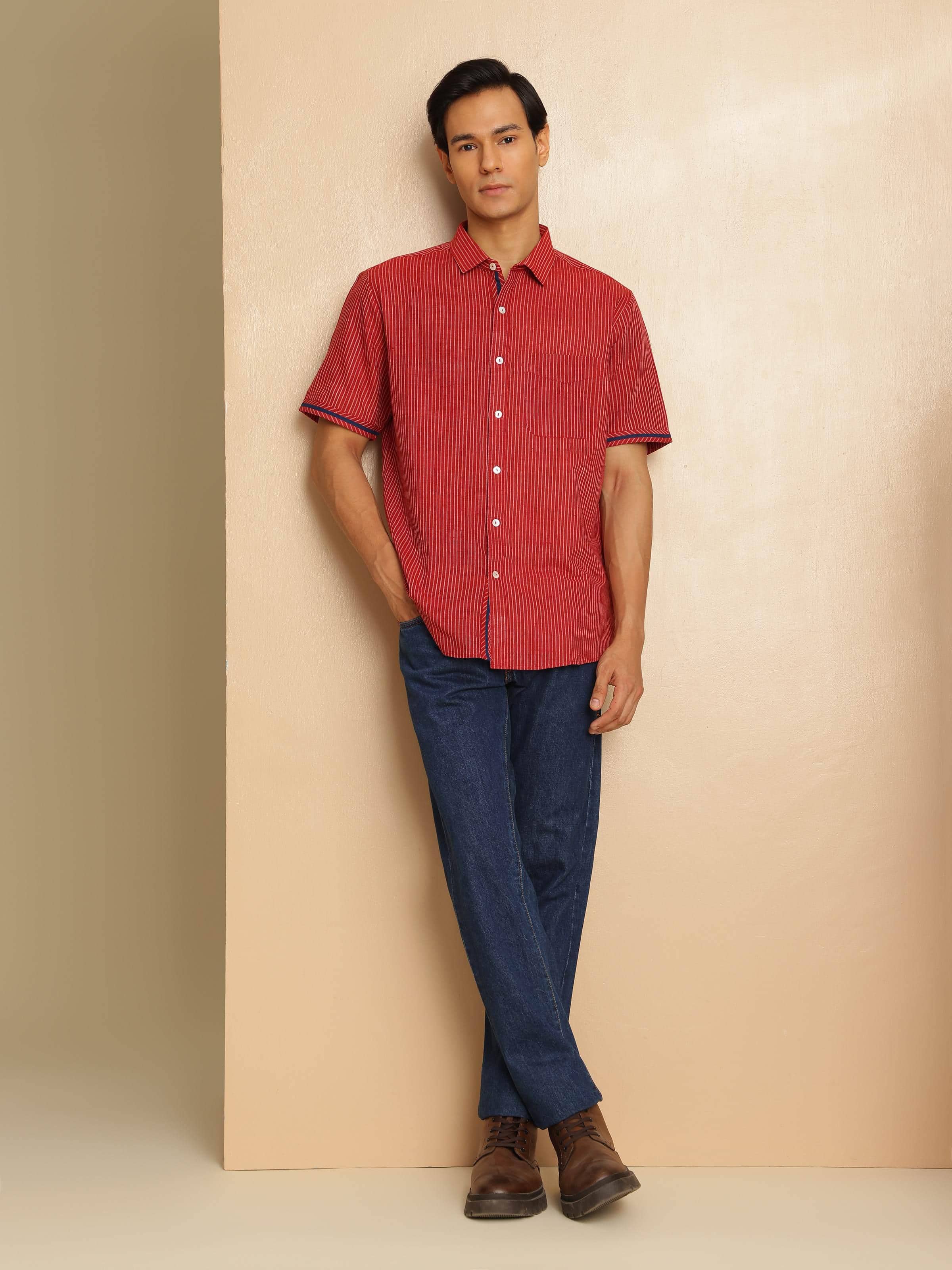 Lifestyle image of Red Cotton Shirt worn casually