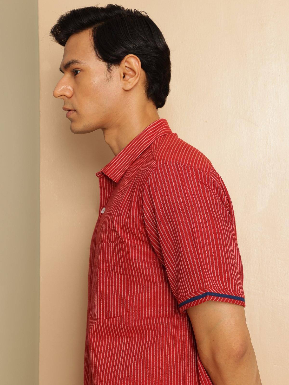 Detailed close-up of buttons and stitching on Red Cotton Shirt