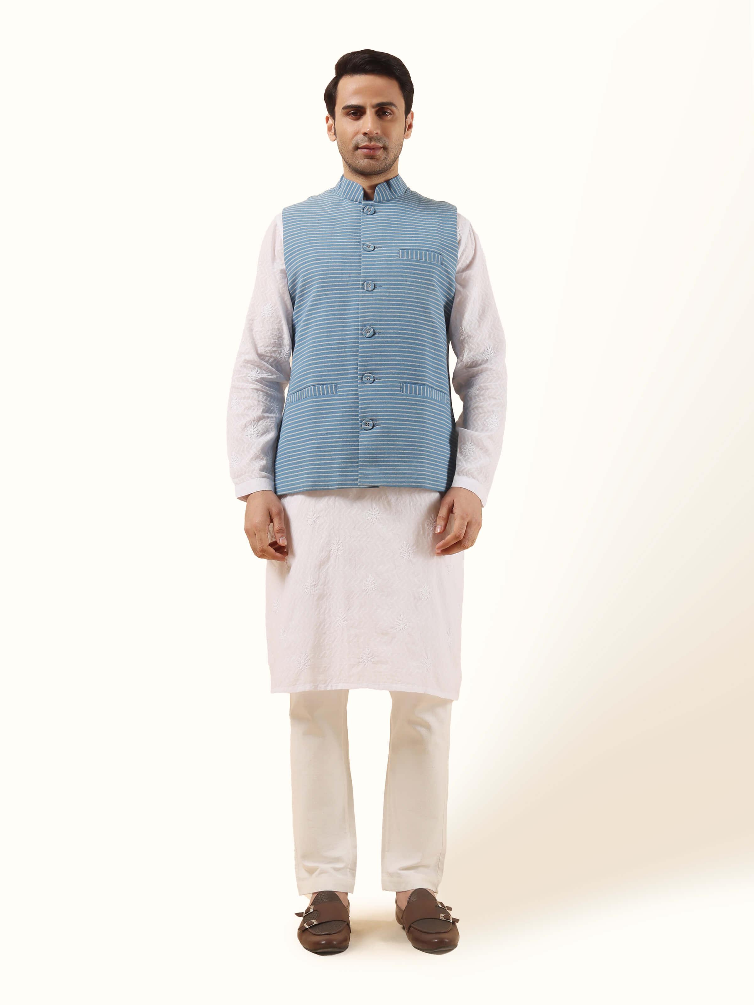 Front view showcasing the sharp blue hue and the simple, tailored structure of the jacket.
