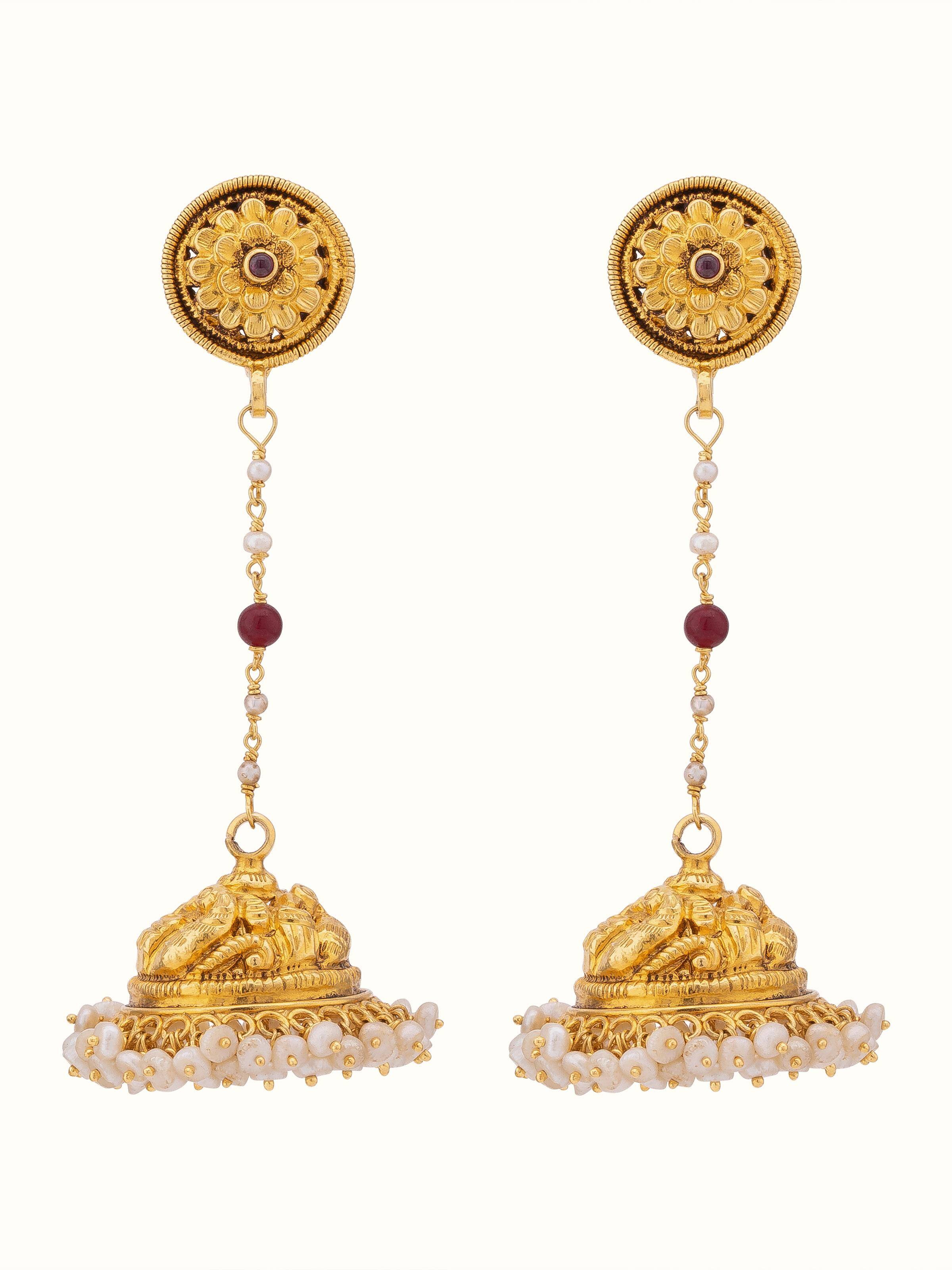 "Front view of Nakash silver jhumka earrings with intricate detailing"
