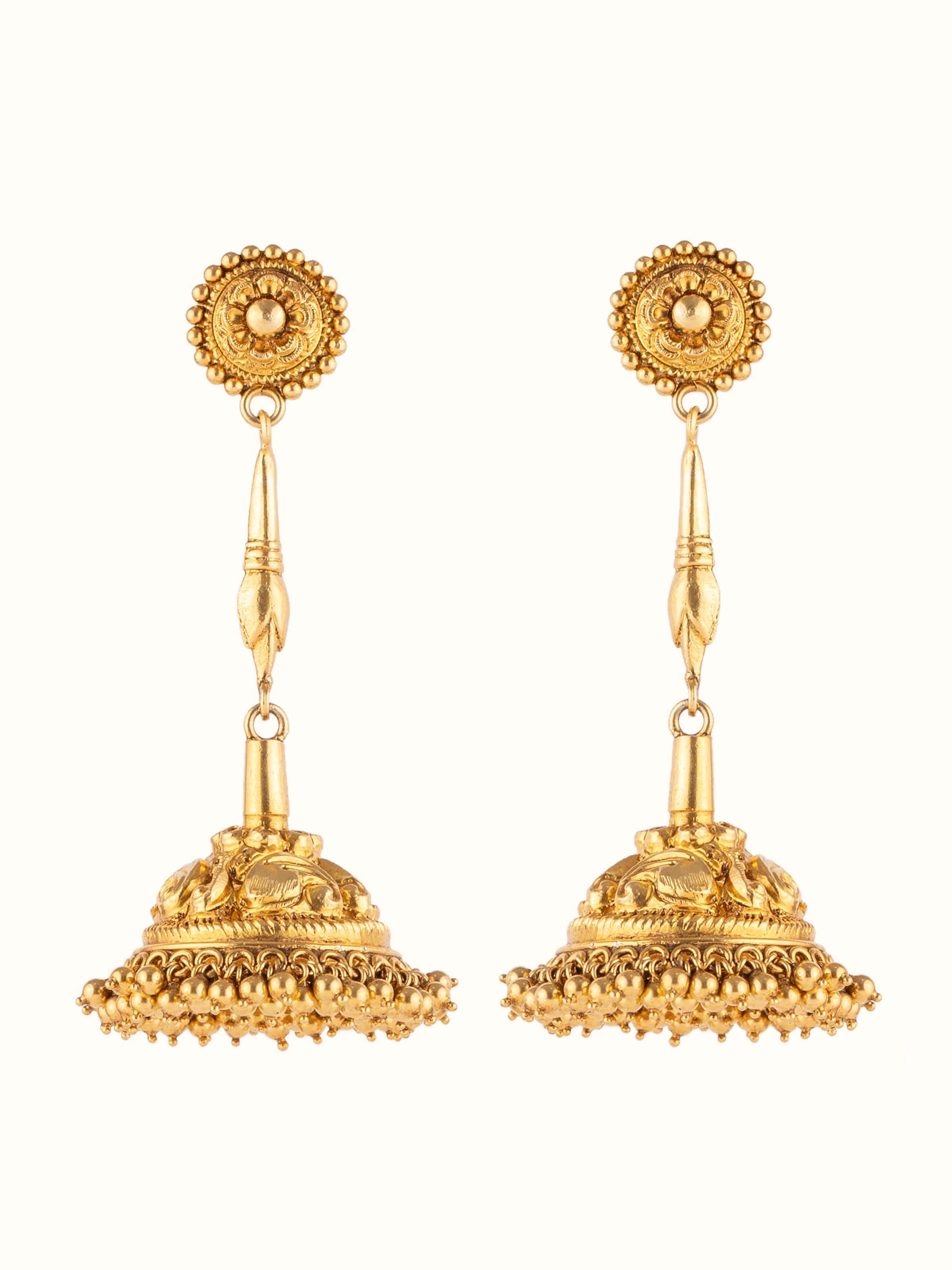 Front view of Nakash Silver Jhumkas showcasing their intricate silver detailing and elegant drop design.