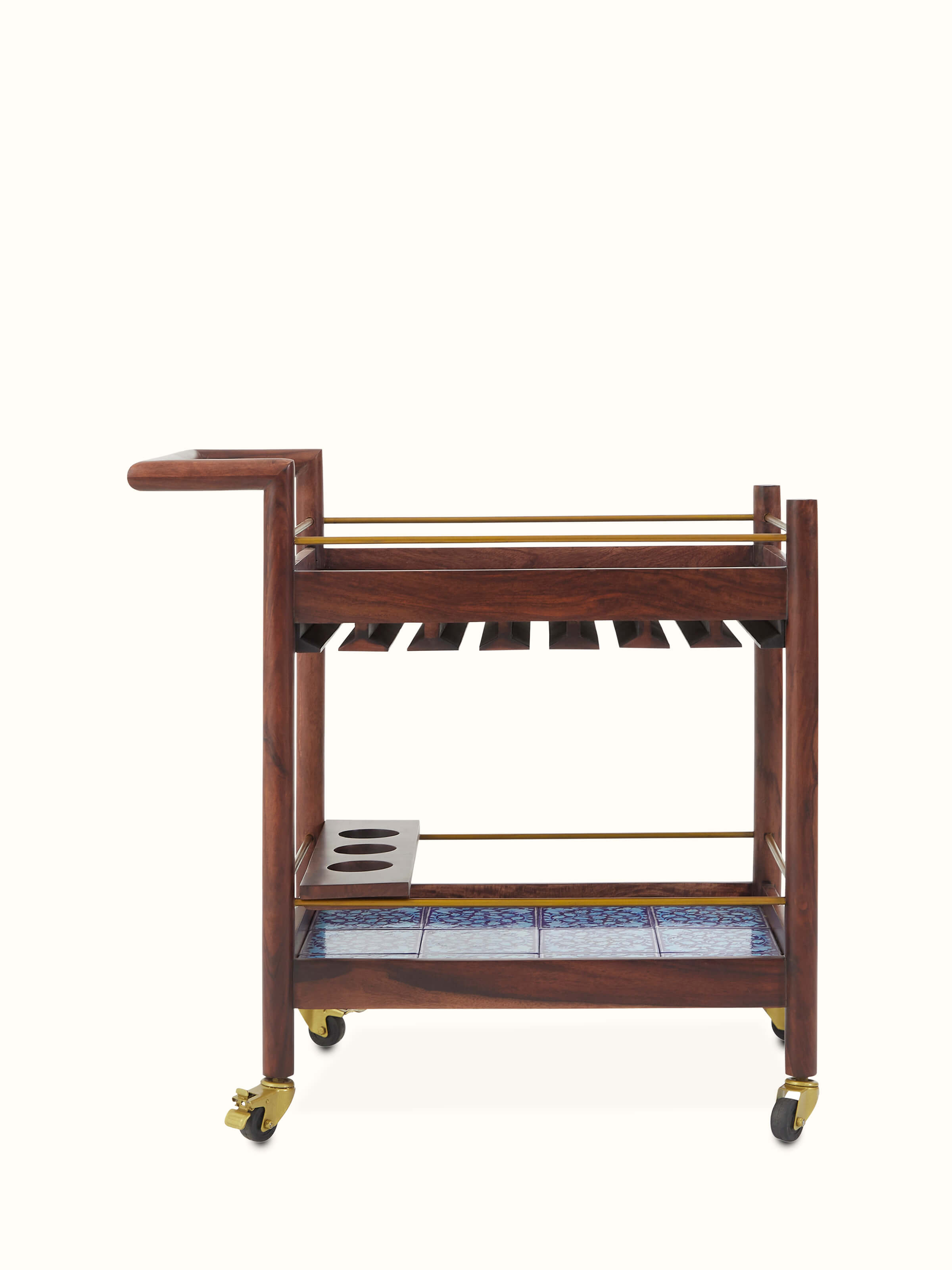 Front view of the Sheesham wood bar trolley featuring intricate blue pottery detailing, showcasing its elegant design and craftsmanship