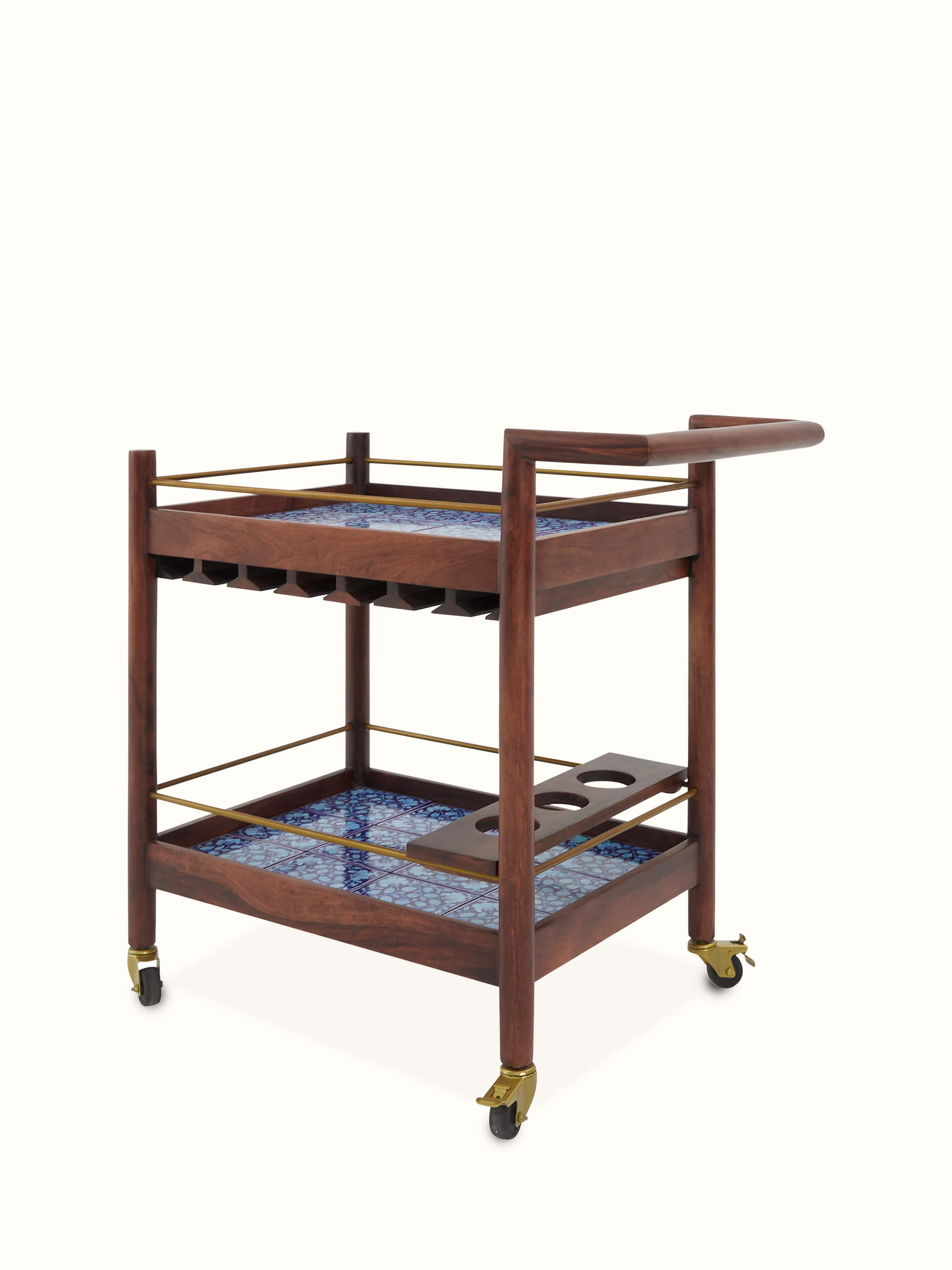 Angled view of the Sheesham wood blue pottery bar trolley, highlighting the combination of traditional woodwork and decorative pottery elements