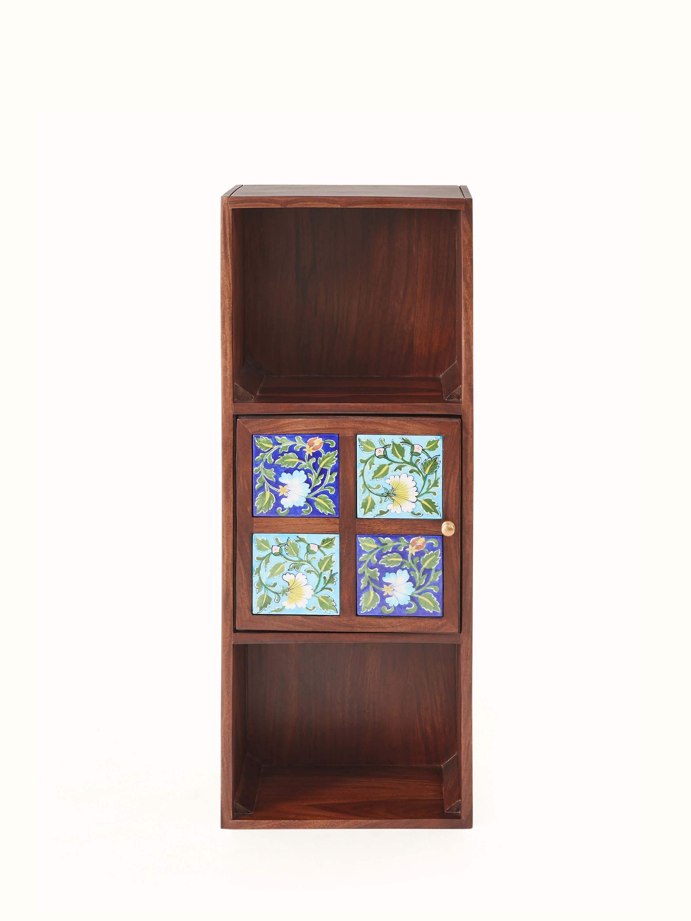 Front view of Sheesham Wood Blue Pottery Wall Shelf with 1 door, showcasing the vibrant blue pottery design and natural wood finish