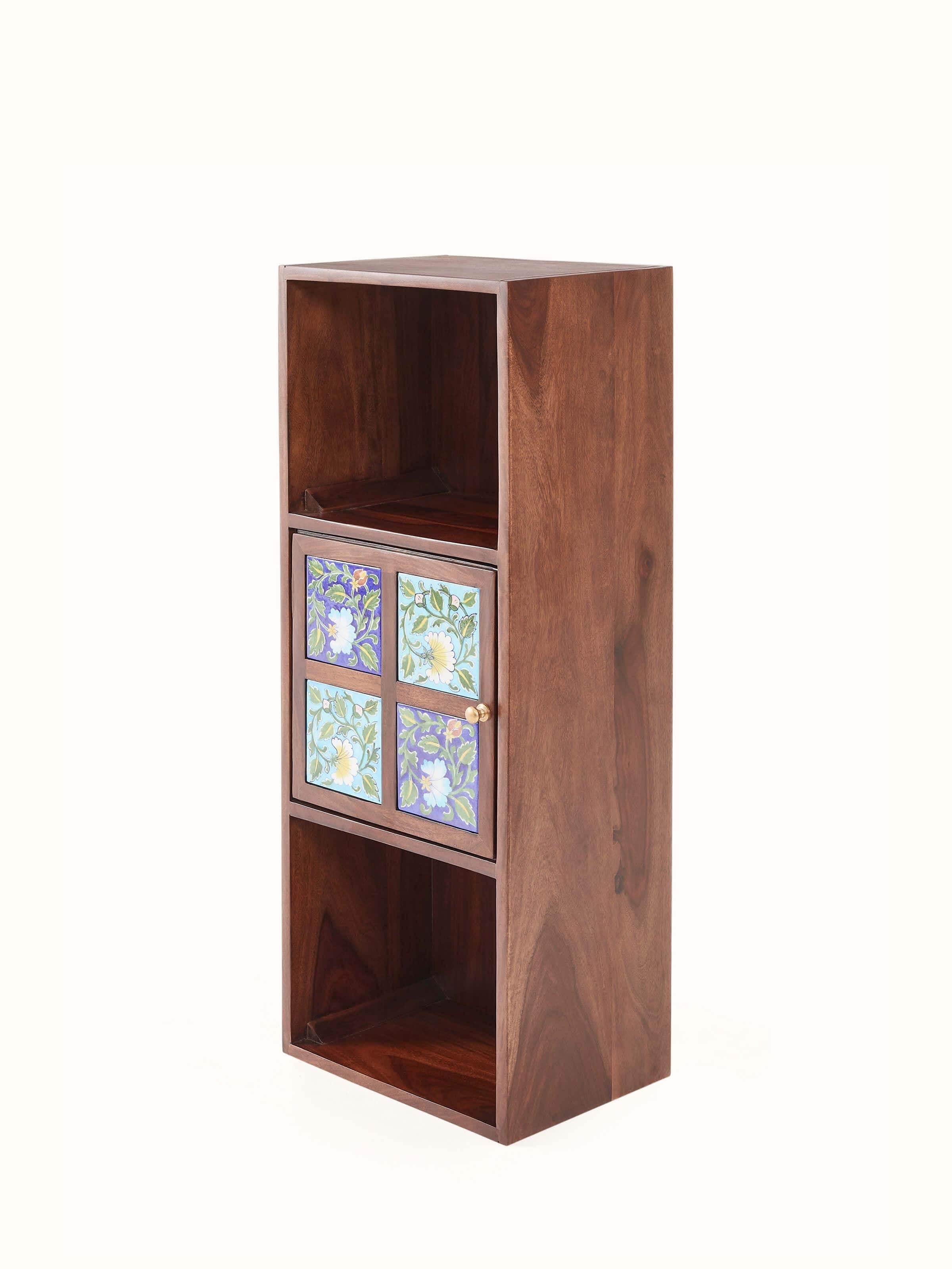 Close-up of Sheesham Wood Blue Pottery Wall Shelf, emphasizing the detailed blue pottery pattern and Sheesham wood craftsmanship