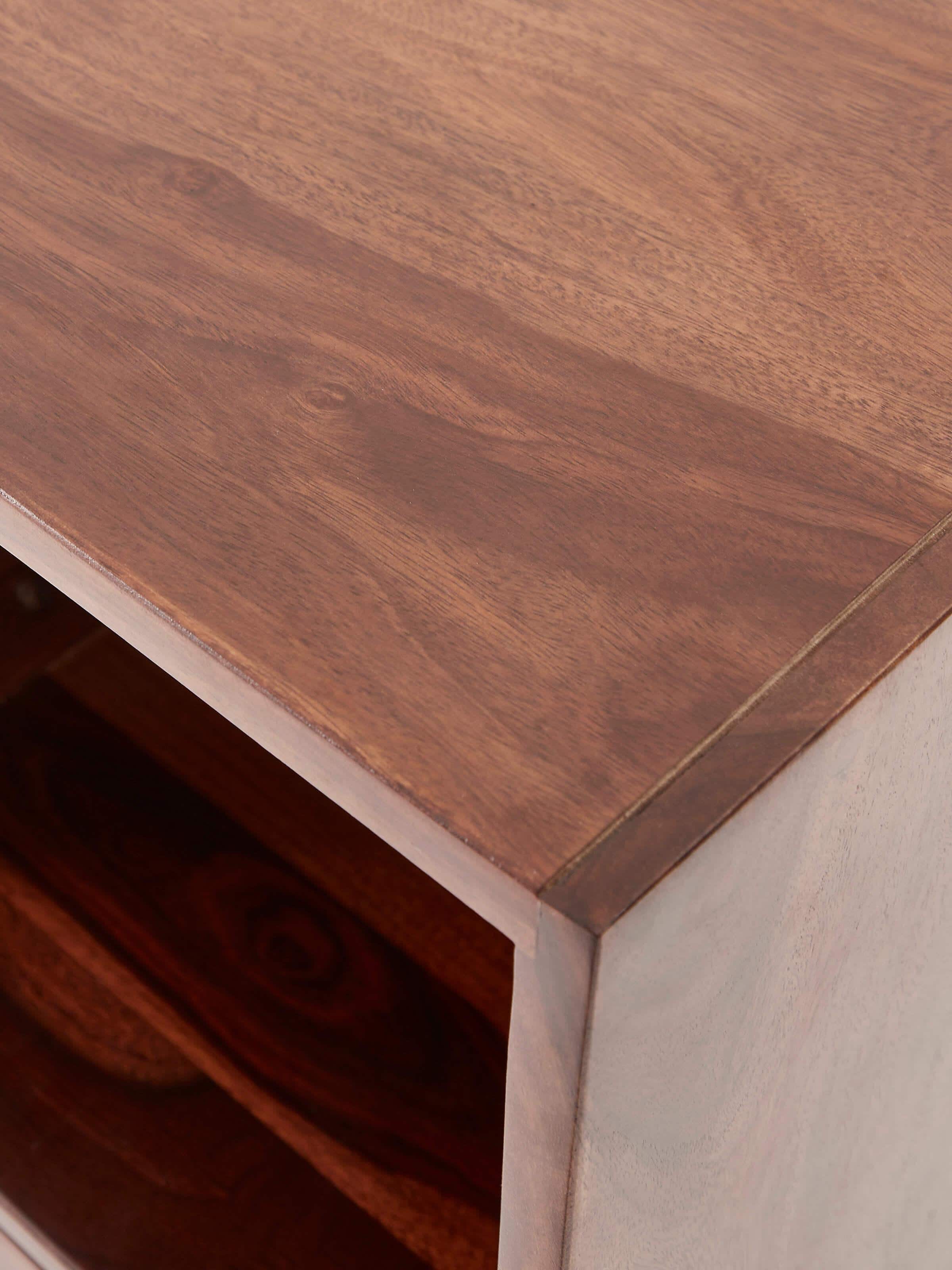 Close-up of Sheesham Wood Blue Pottery Wall Shelf's door, highlighting the intricate blue pottery design and wood details