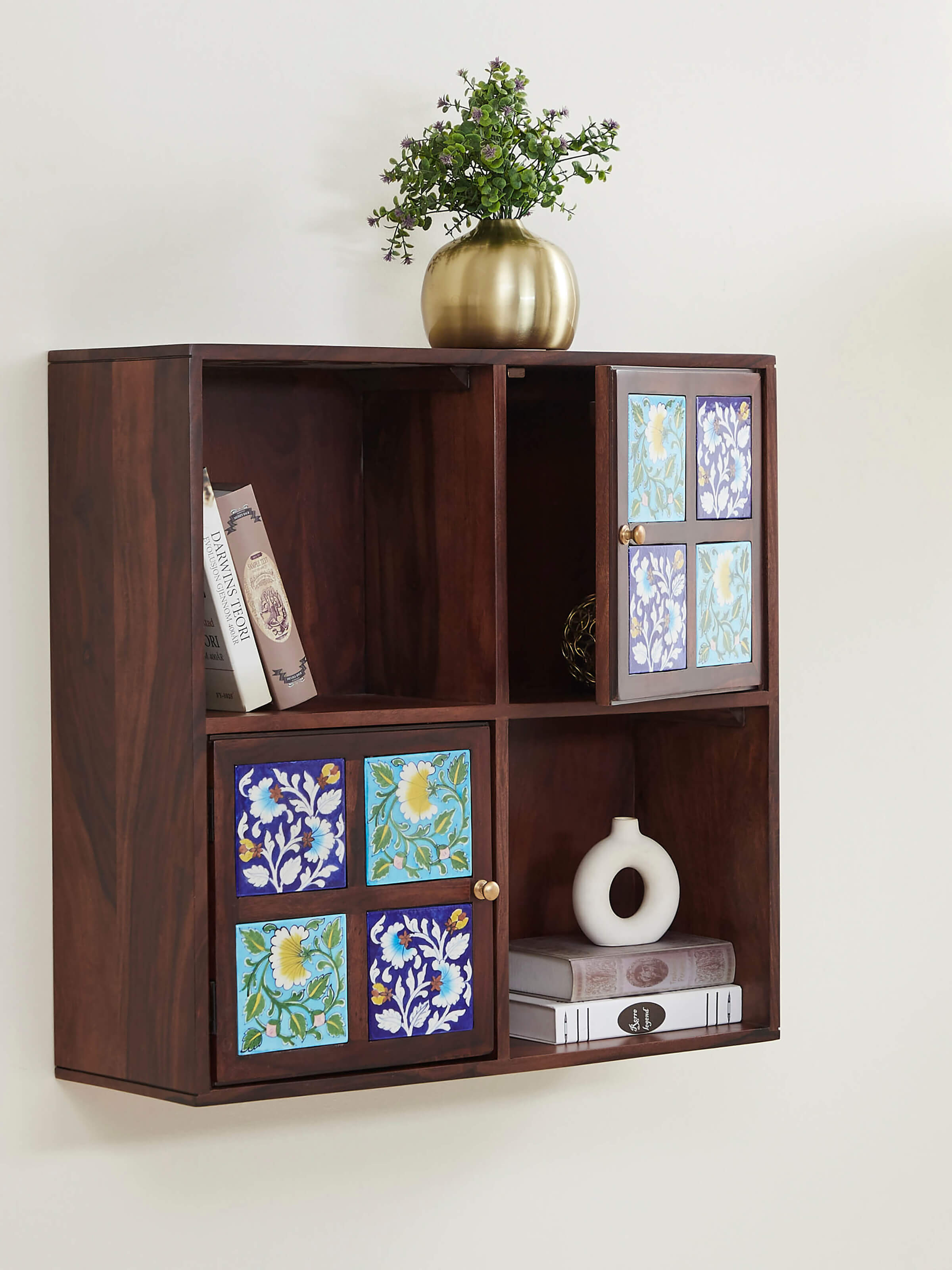 Side view of Sheesham wood blue pottery wall shelf (2 doors) with detailed craftsmanship