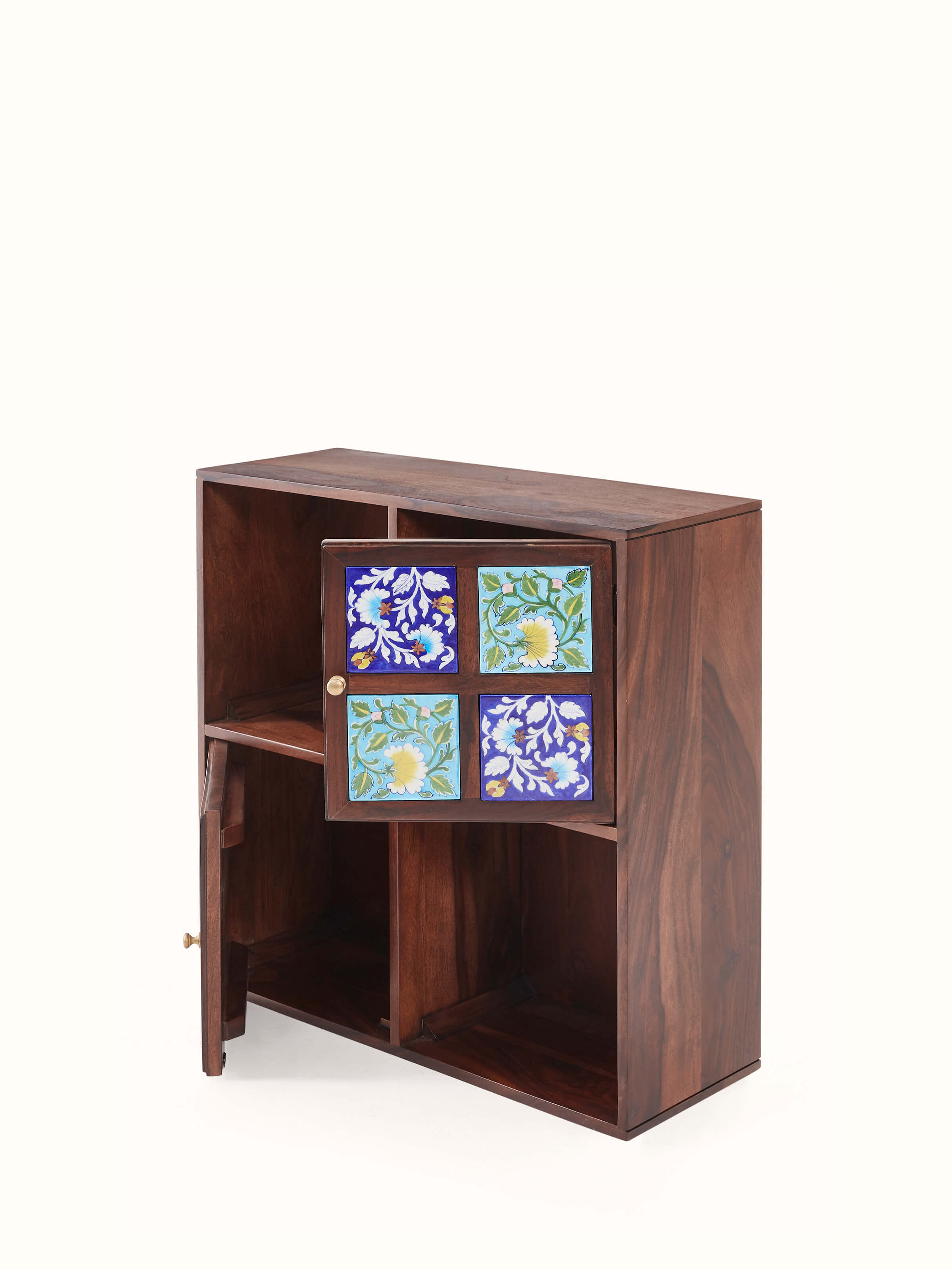 Close-up view of Sheesham wood blue pottery wall shelf (2 doors) highlighting detailed artwork