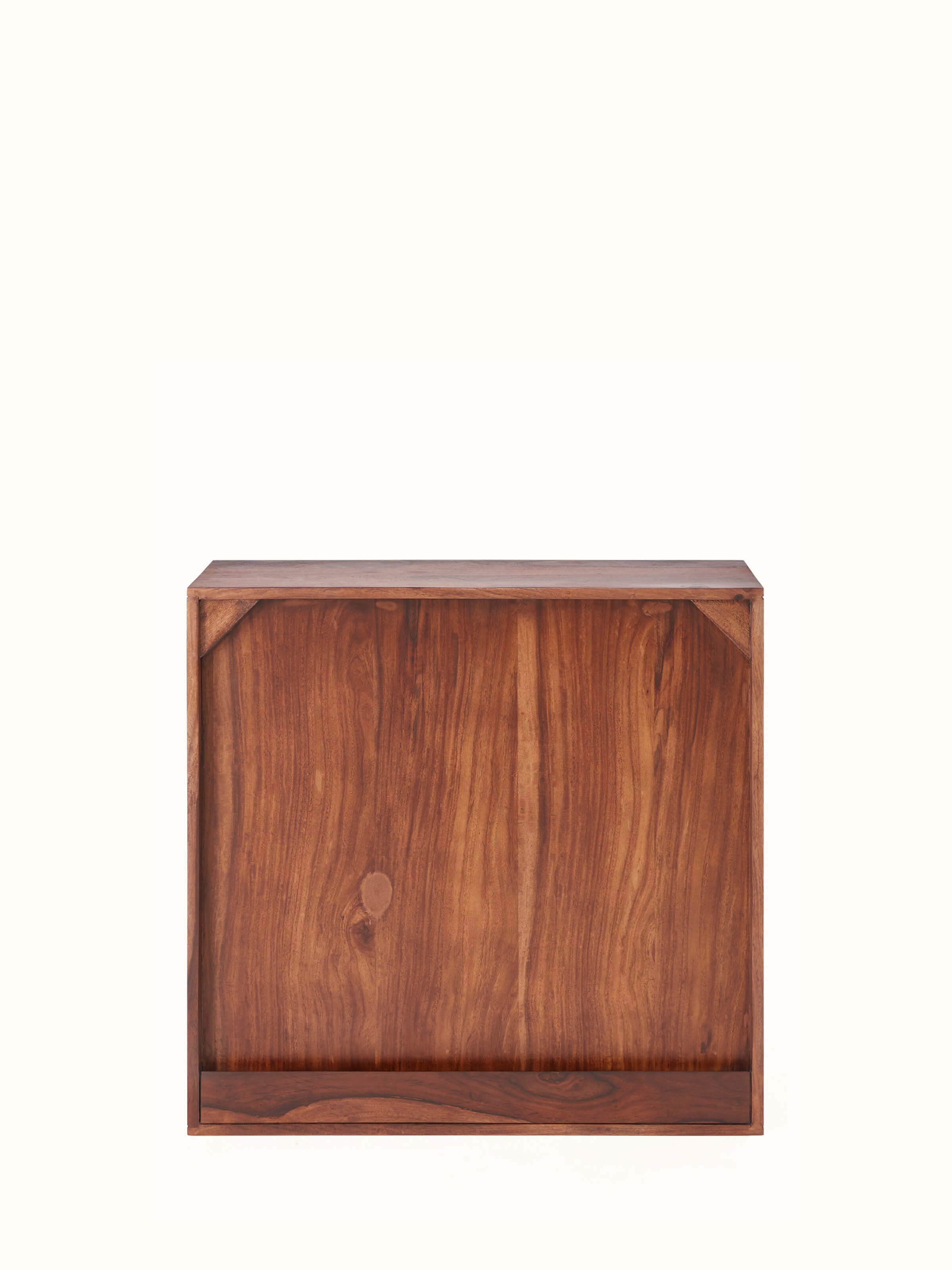 Bottom view of Sheesham wood blue pottery wall shelf (2 doors) with decorative elements