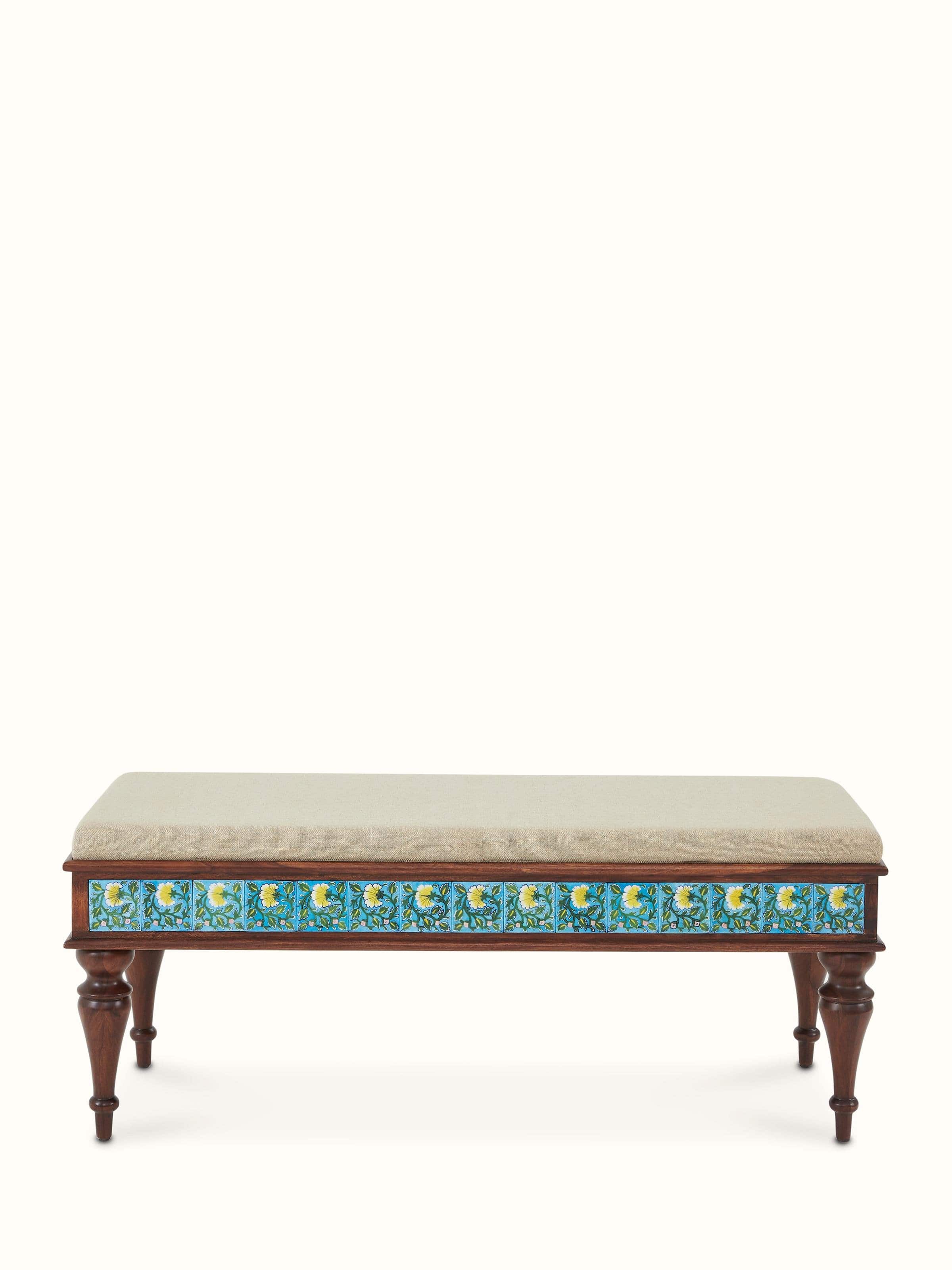 Front view of Sheesham wood blue pottery upholstered bench showcasing intricate blue pottery patterns and solid wood frame