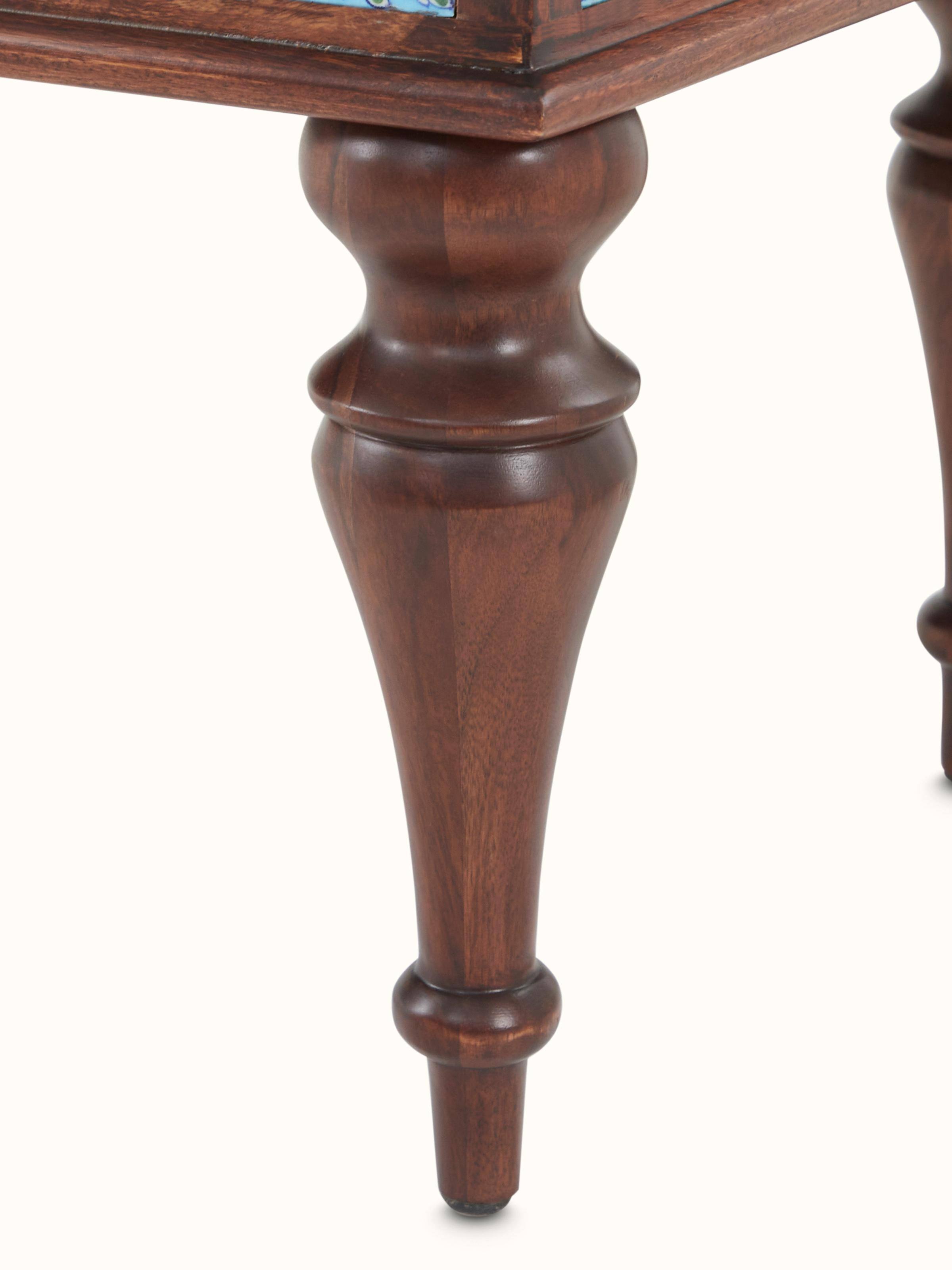 Top-down view of Sheesham wood blue pottery upholstered bench, showcasing the entire upholstered surface and wood construction