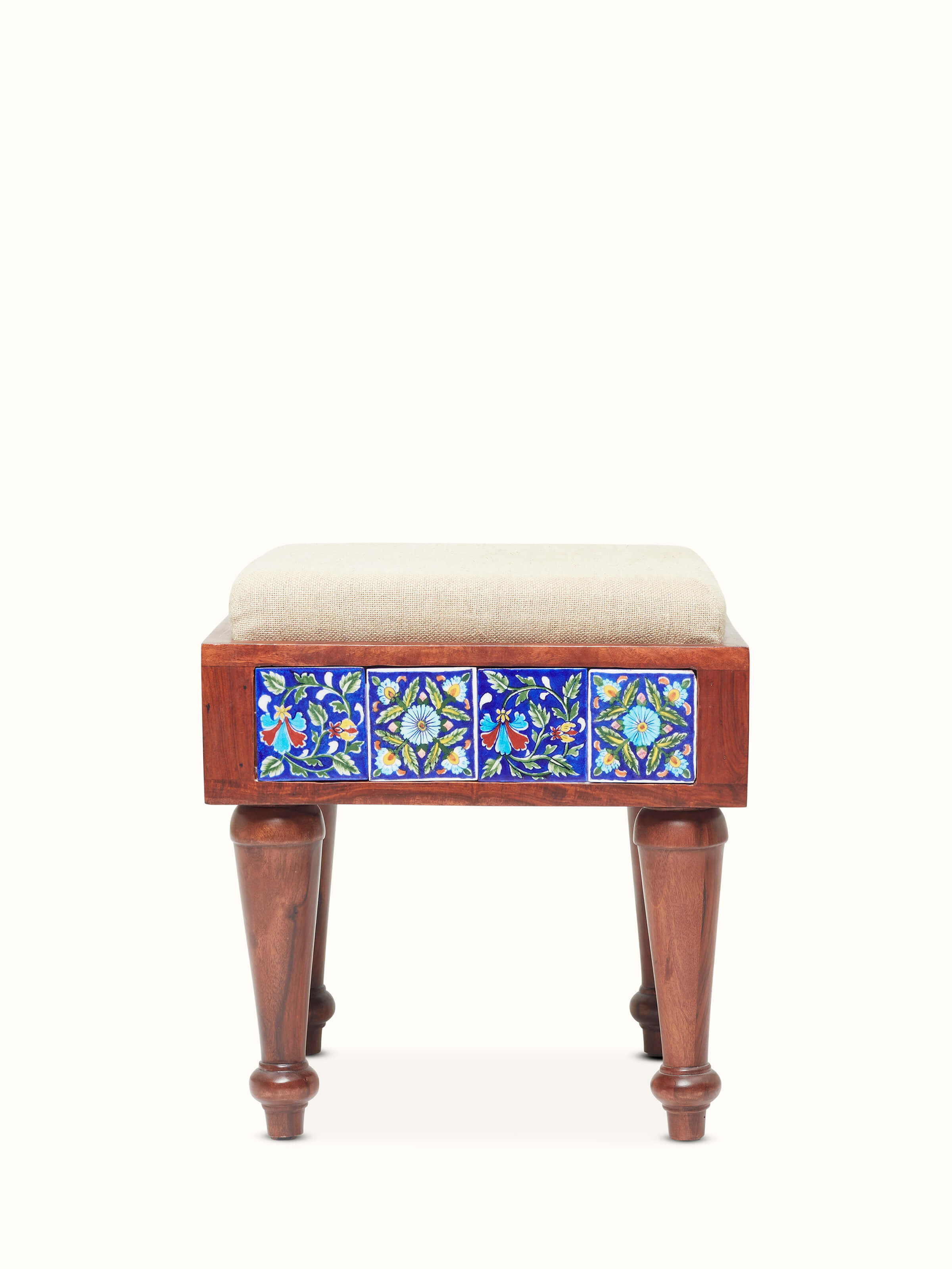 Top view of the blue pottery coffee table set on Sheesham wood, showcasing the intricate patterns and artistic design.