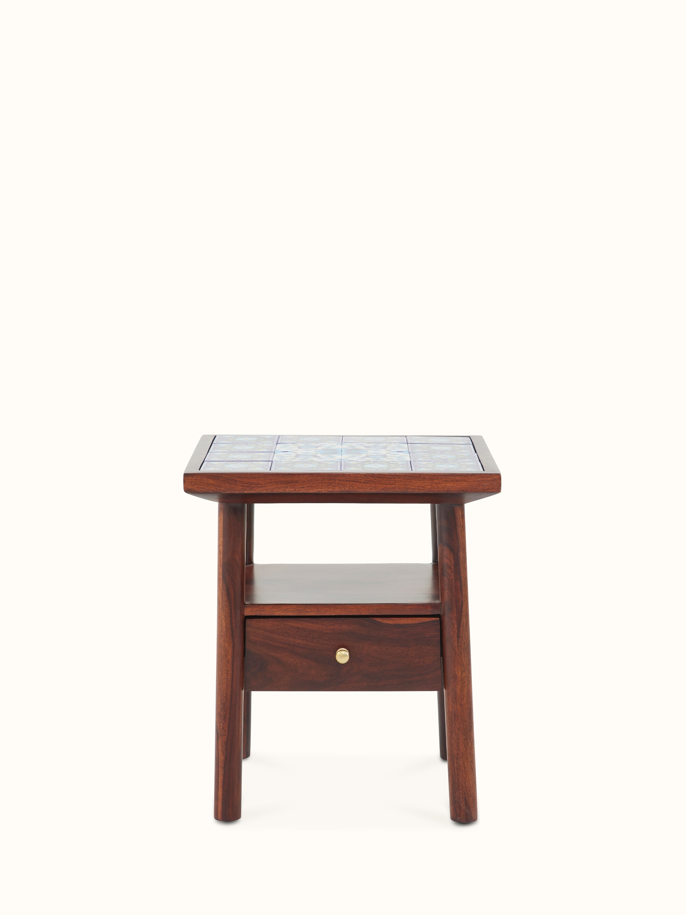 Front view of Sheesham wood side table with blue pottery top, showcasing intricate design and craftsmanship.