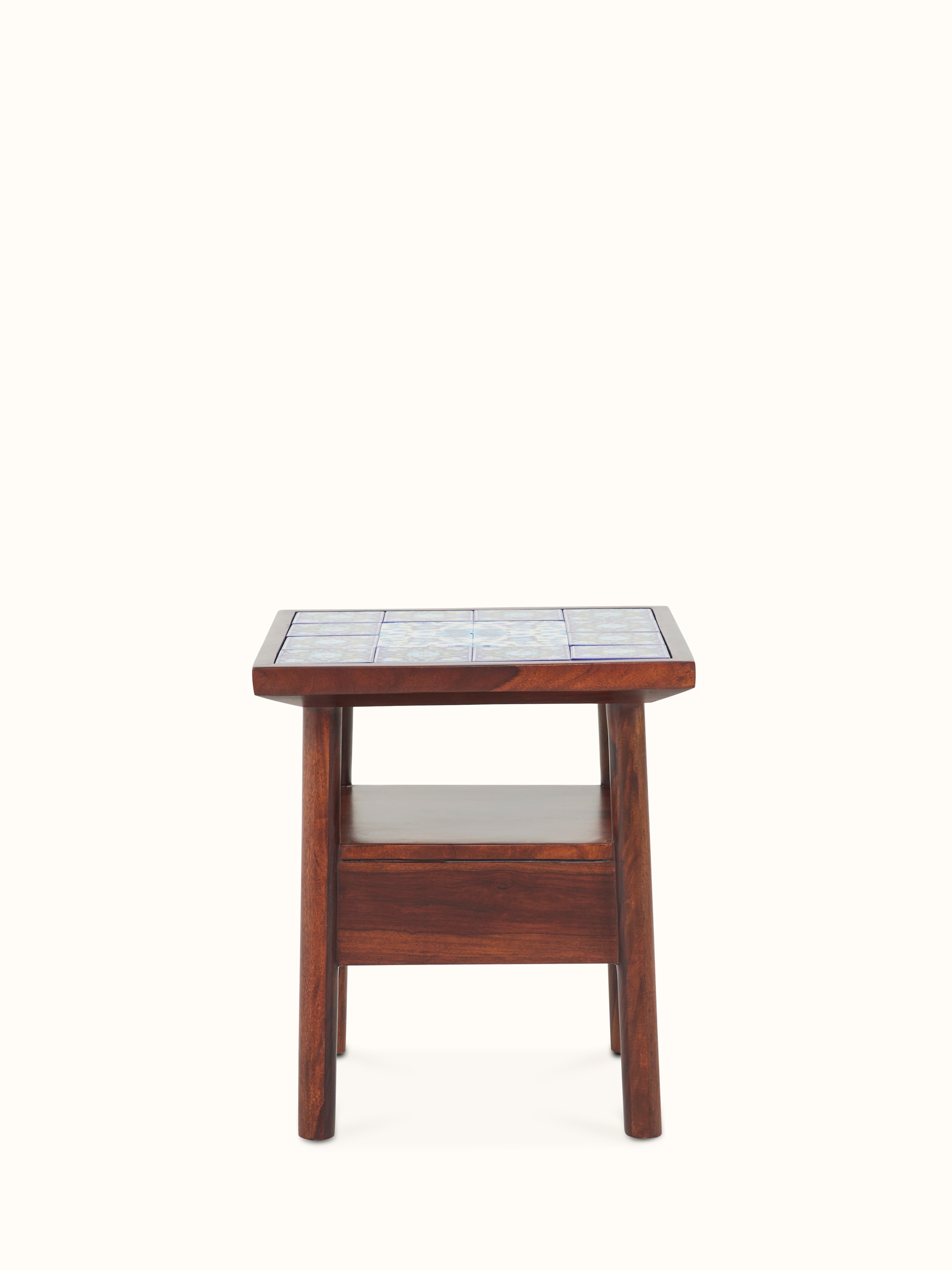 Full view of Sheesham wood side table with blue pottery top, highlighting the unique design and material combination.