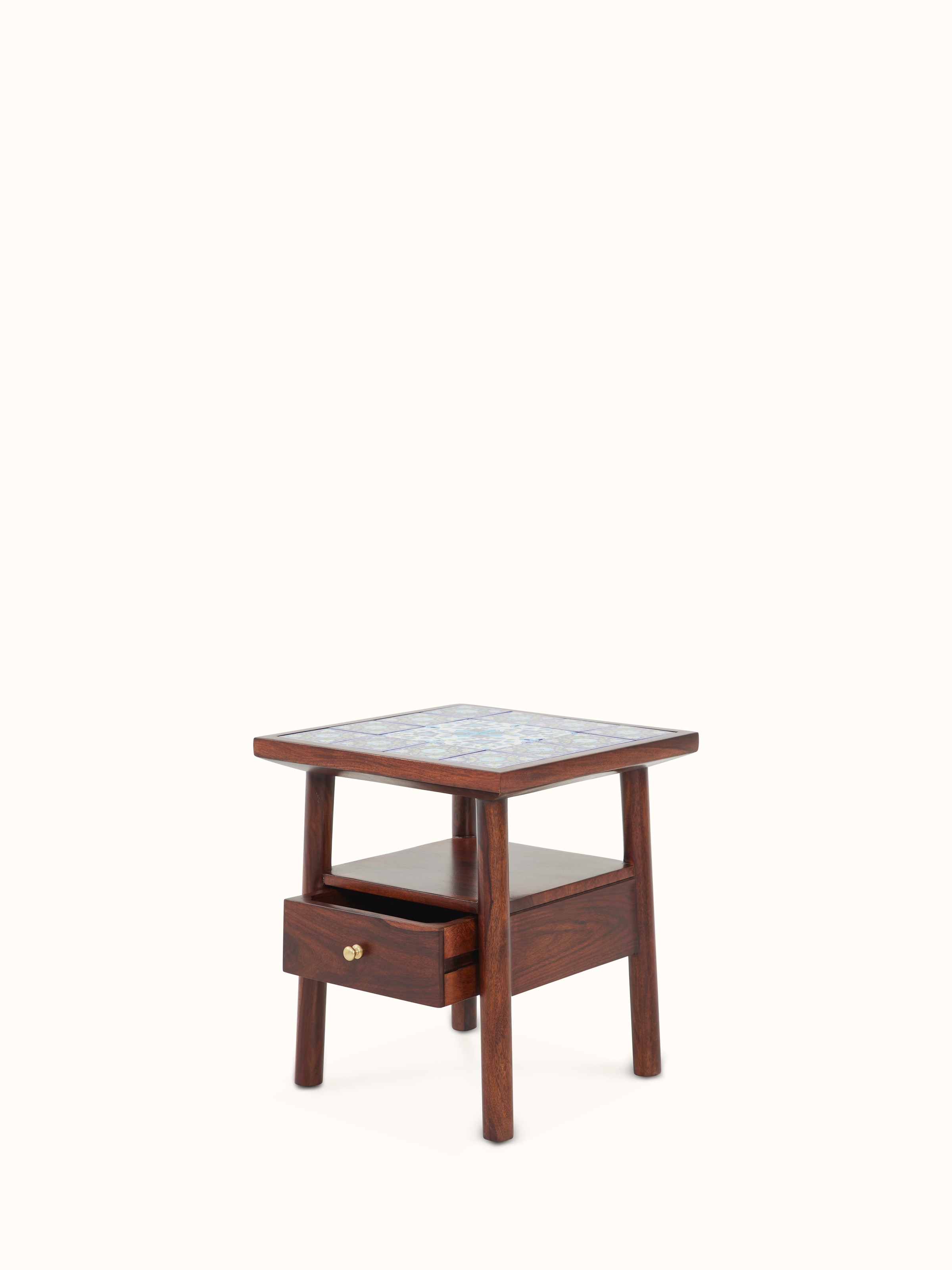 Overview of Sheesham wood side table with blue pottery top, featuring vibrant colors and artistic patterns.