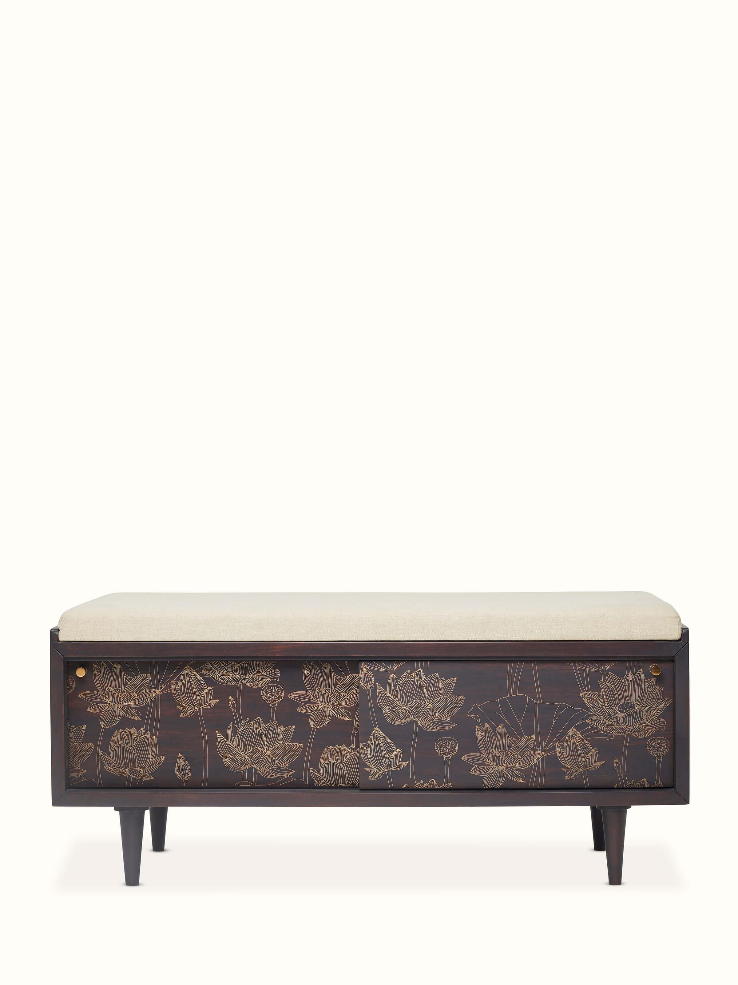 Front view of Sheesham wood and brass Tarkashi bench, highlighting intricate brass inlay details and wood finish.