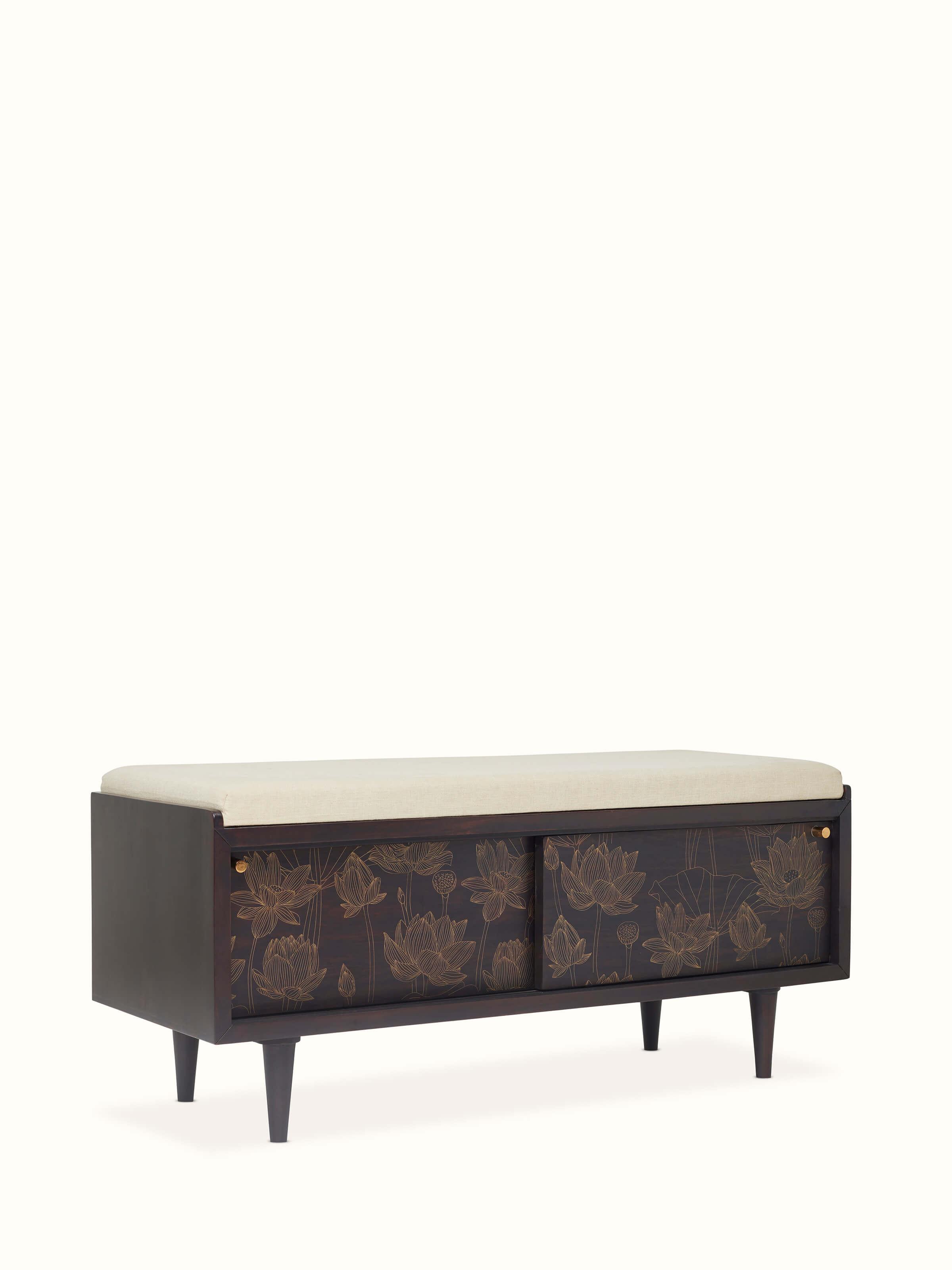 Side view of Sheesham wood and brass Tarkashi bench, showcasing the design and craftsmanship of the brass inlays.