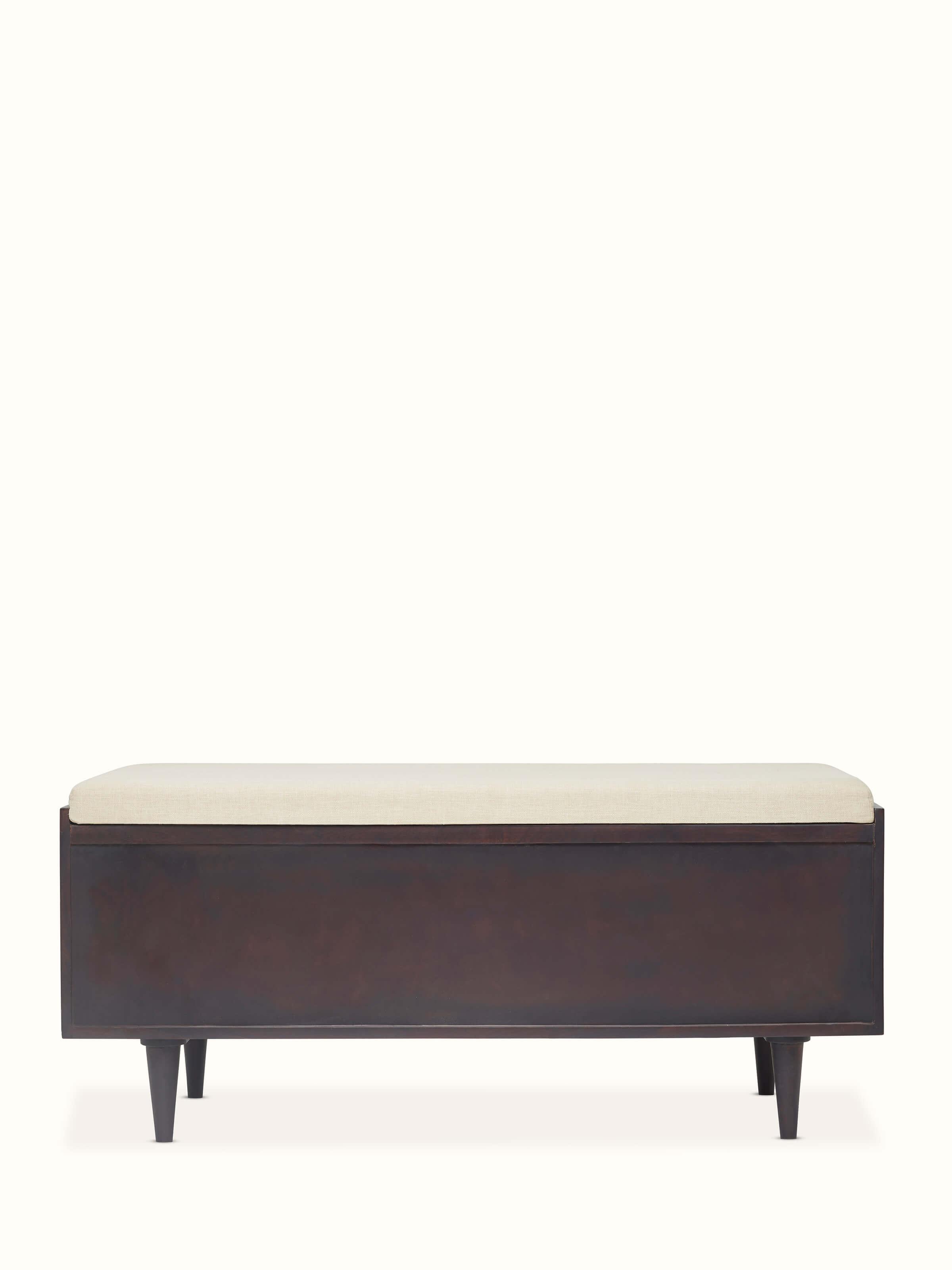 Overhead view of the Sheesham wood and brass Tarkashi bench, focusing on the bench's surface and brass patterns.
