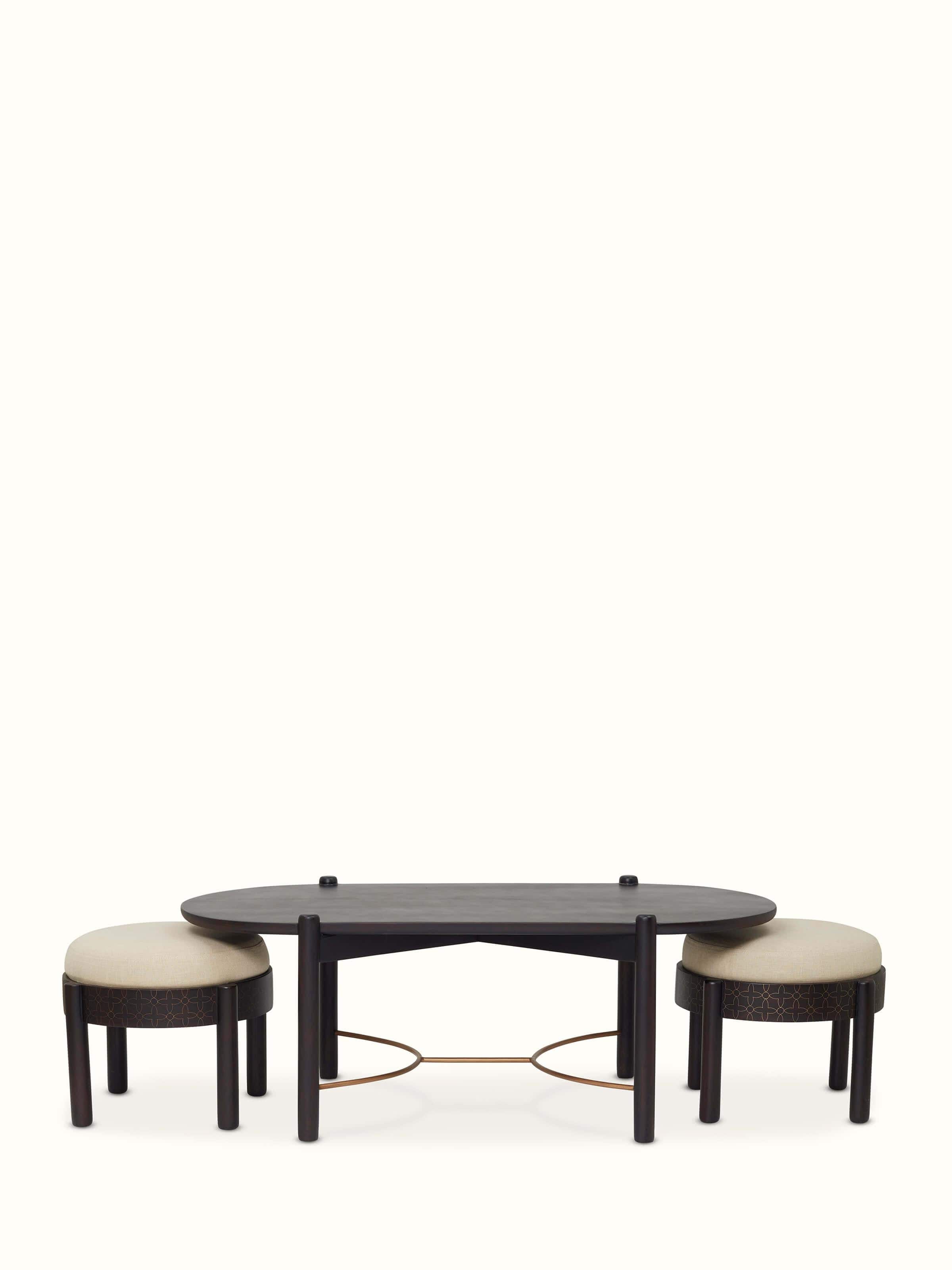 Front view of Sheesham wood and brass tarkashi coffee table set (3 pcs), showcasing the detailed brass inlay work.