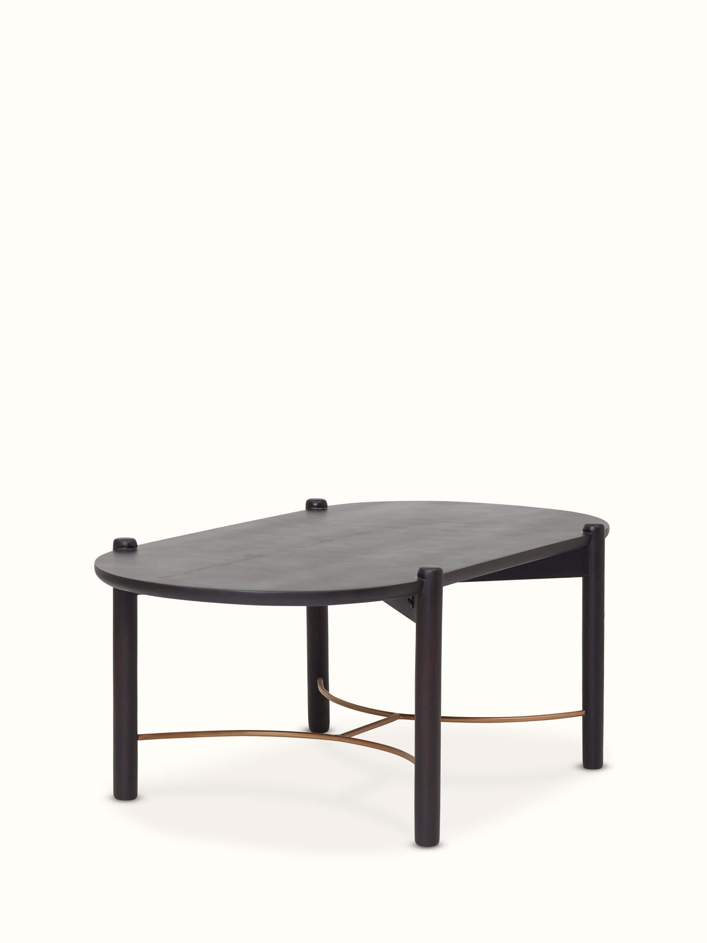 Side view of Sheesham wood coffee table set with brass tarkashi detailing, emphasizing the elegant and stylish design.