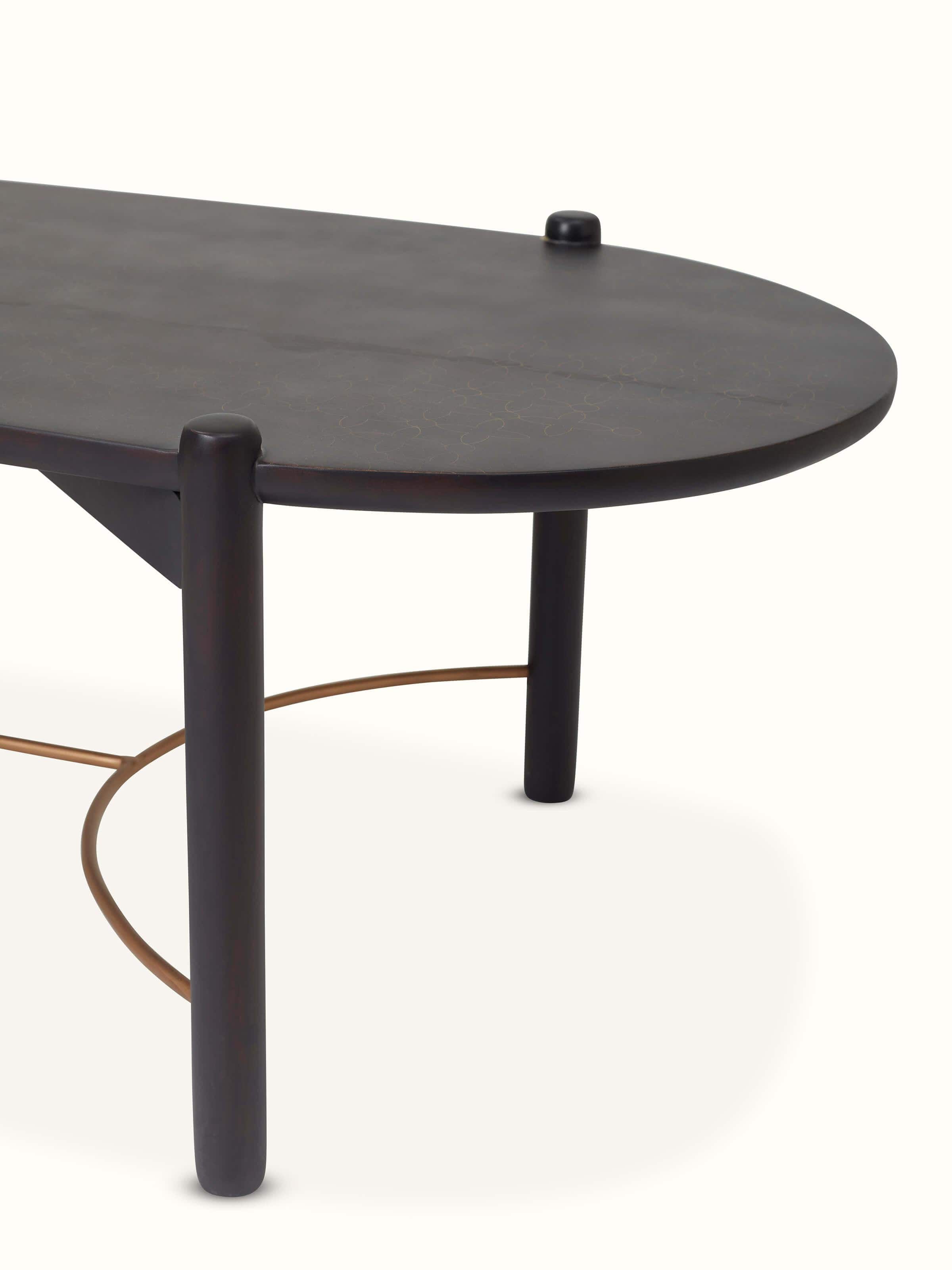 Angled view of Sheesham wood and brass tarkashi coffee table set (3 pcs), demonstrating the set's full arrangement and design.