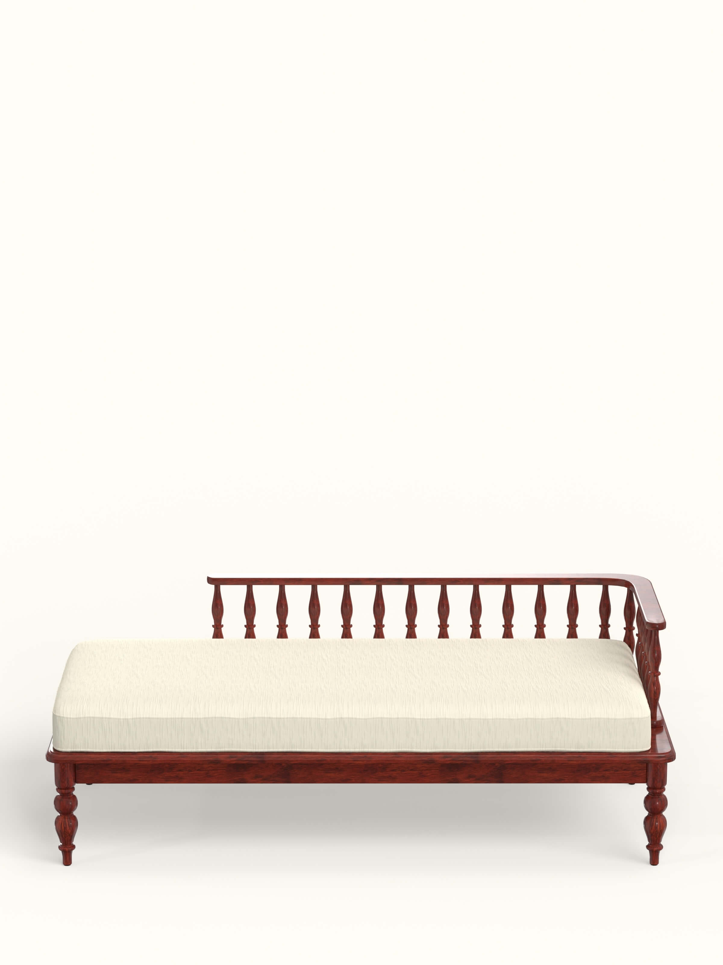 Front view of honey finish upholstered sheesham wood daybed showcasing warm finish and clean lines