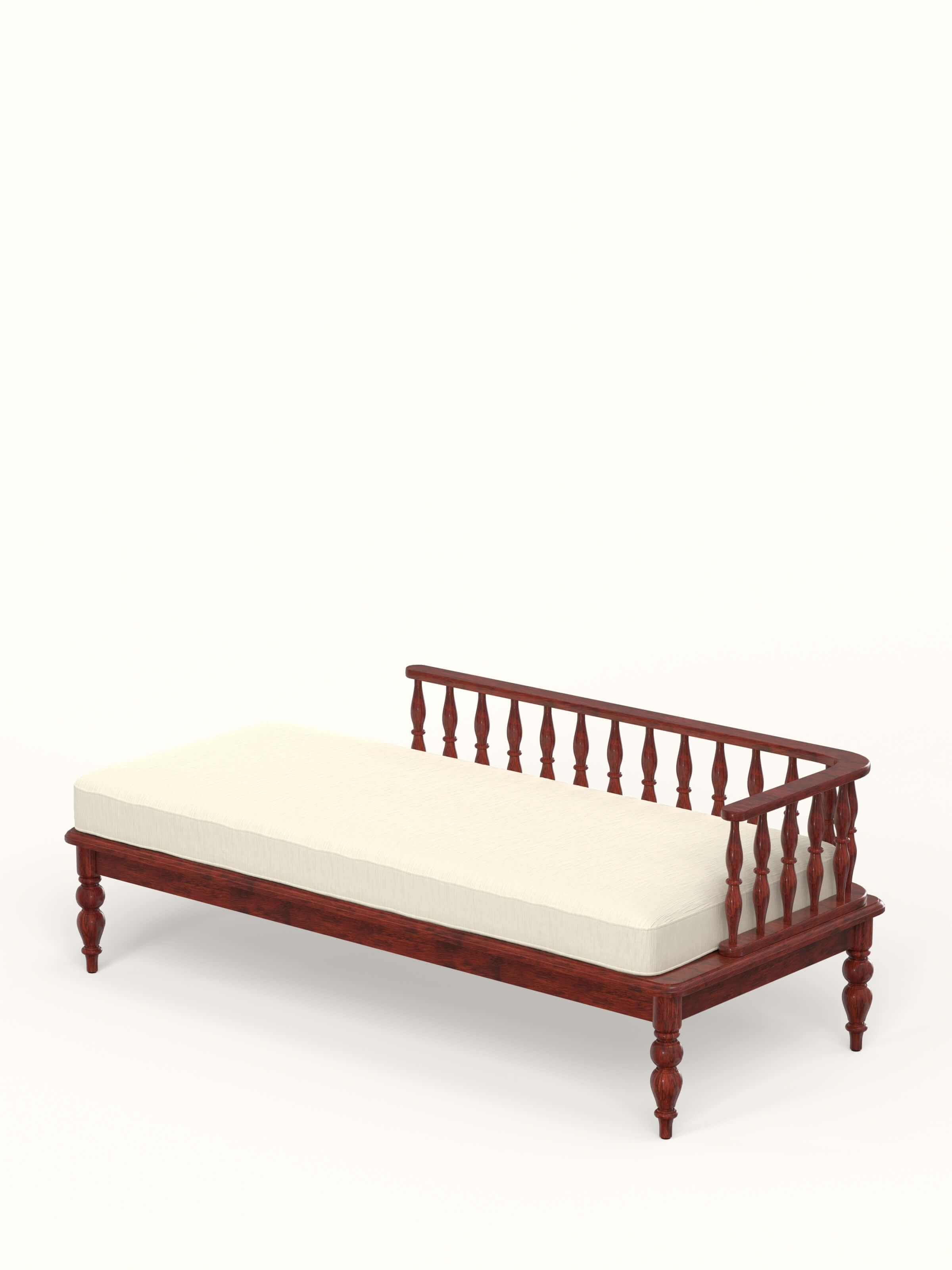 Side view of honey finish upholstered sheesham wood daybed displaying proportions and frame detail