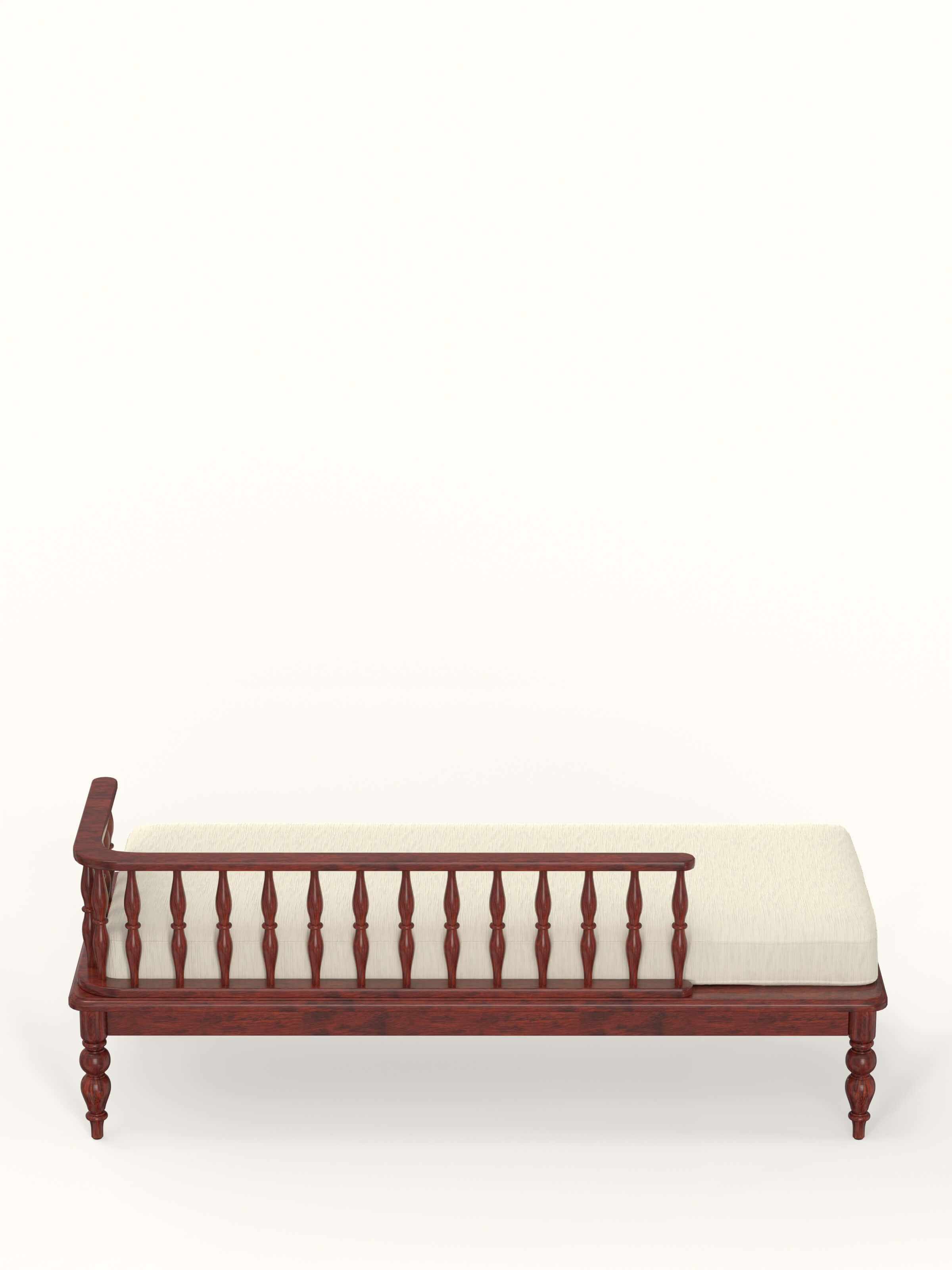 Angled view of honey finish upholstered sheesham wood daybed highlighting comfort and finish