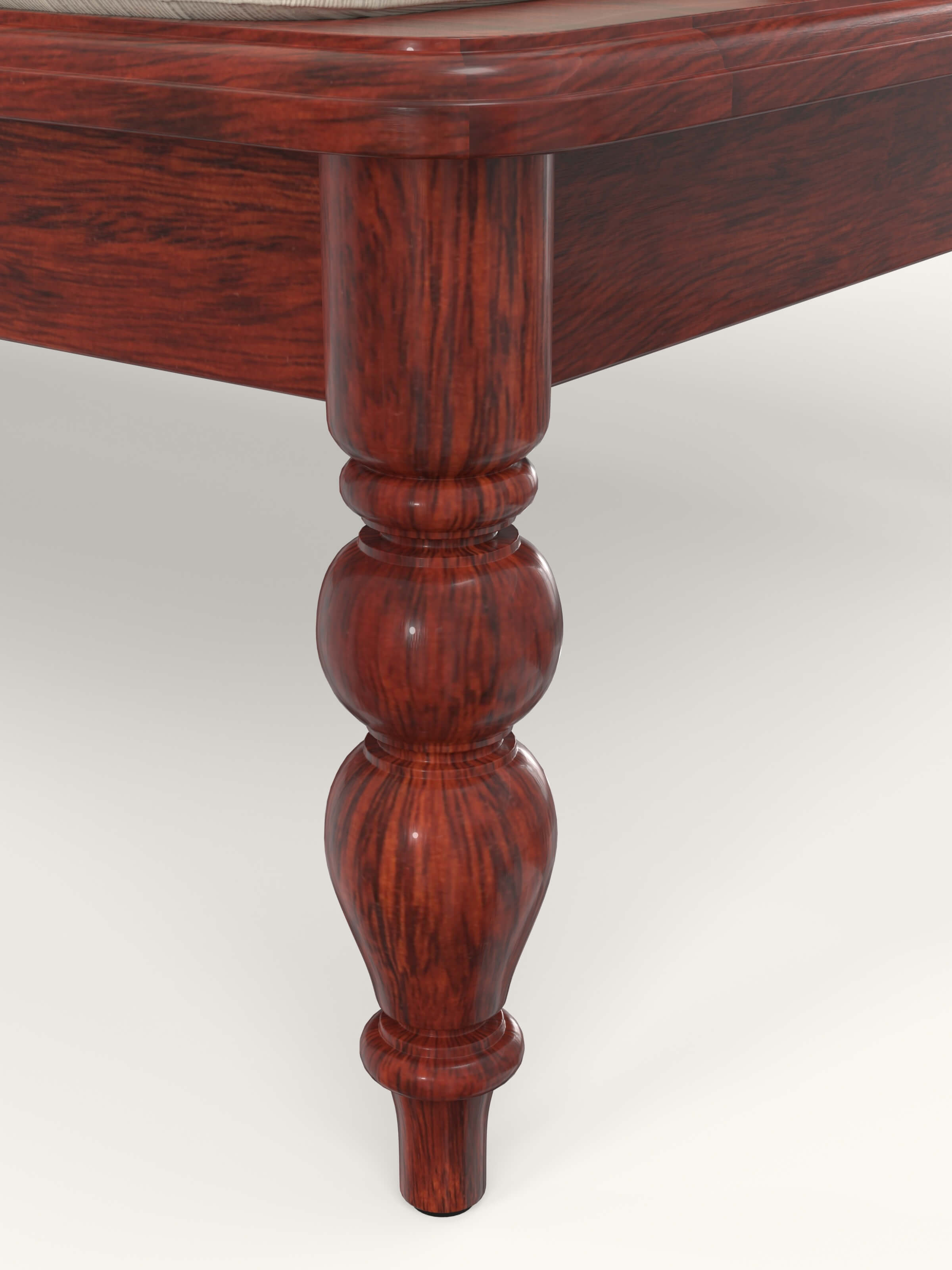 Detailed view of honey finish upholstered sheesham wood daybed showcasing craftsmanship and joints