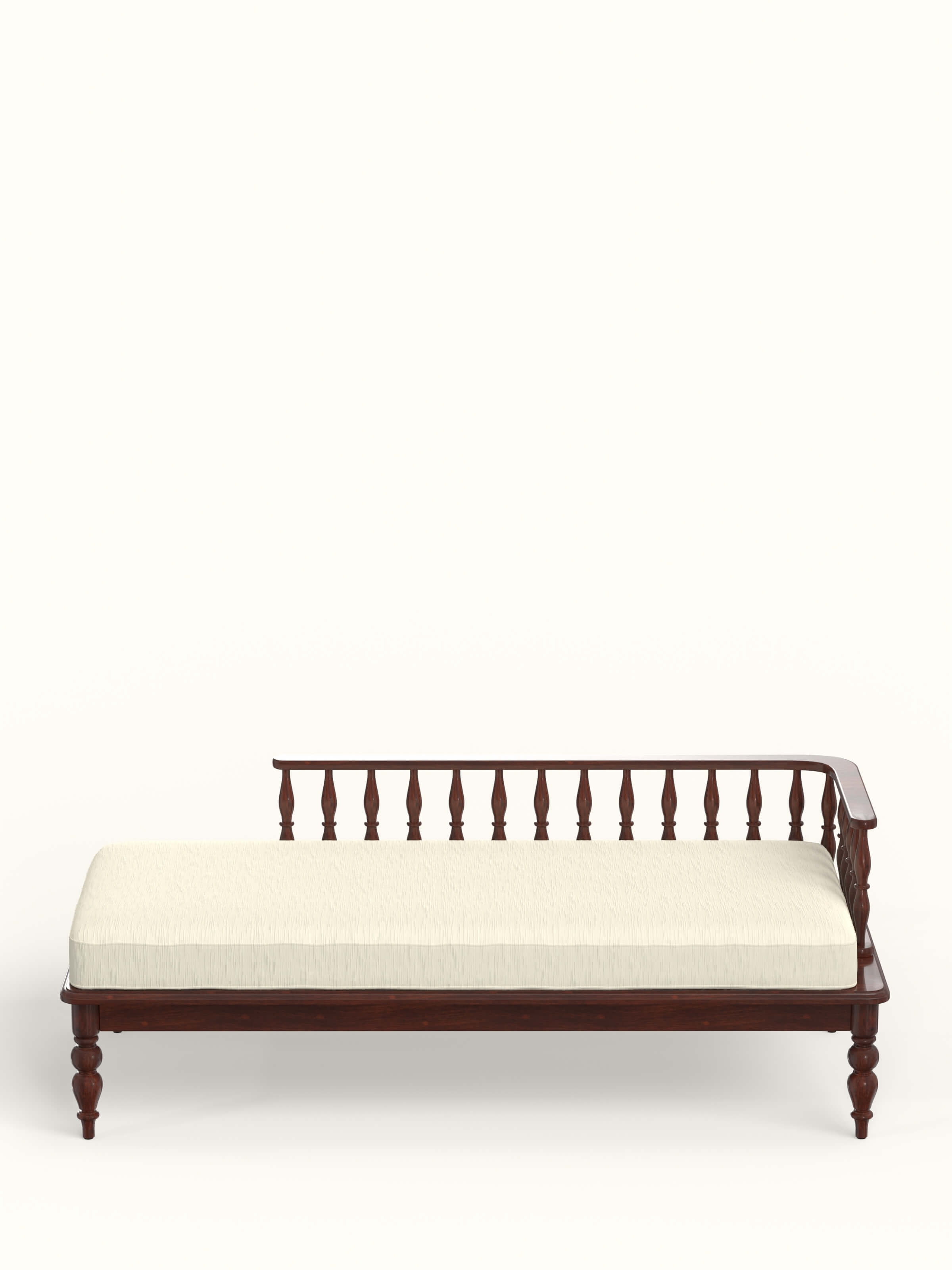 Teak finish upholstered Sheesham wood daybed with a cozy design.