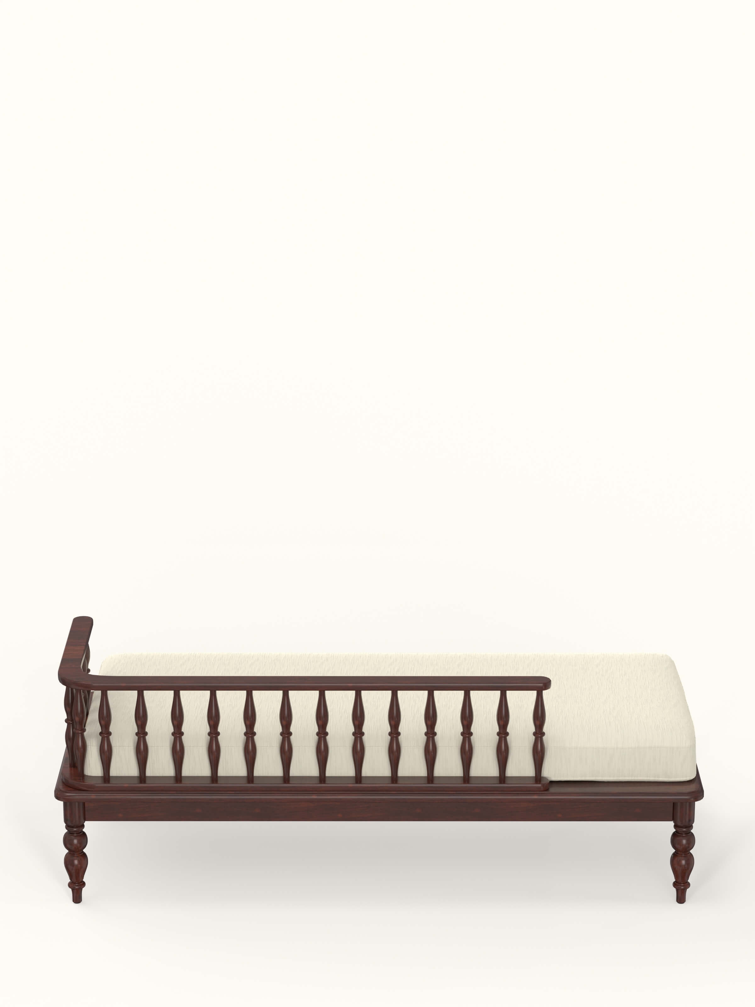 Side view of the teak finish upholstered Sheesham wood daybed showcasing its design.