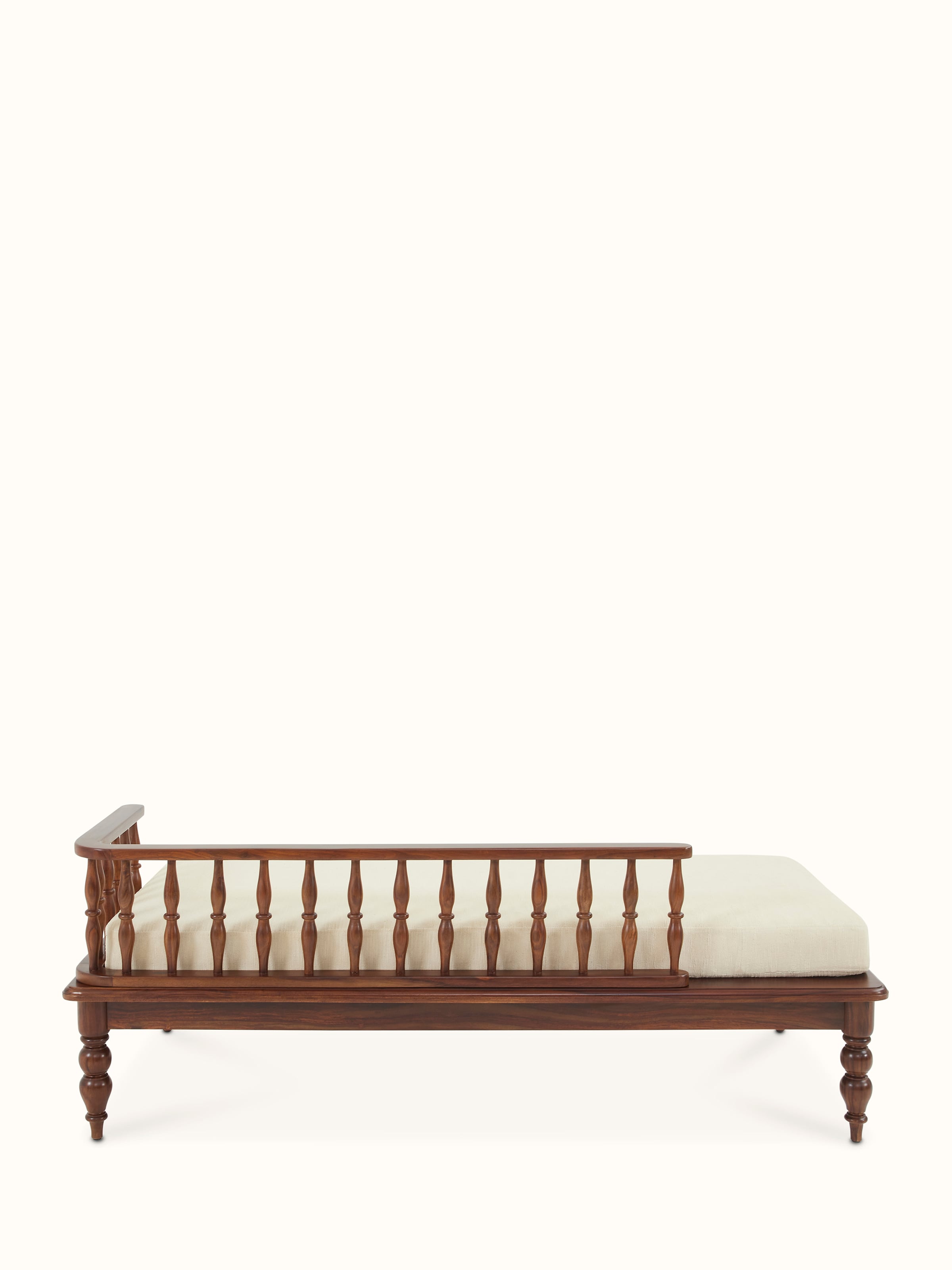 Back view of Teak finish upholstered Sheesham wood daybed, highlighting the fine craftsmanship and clean lines